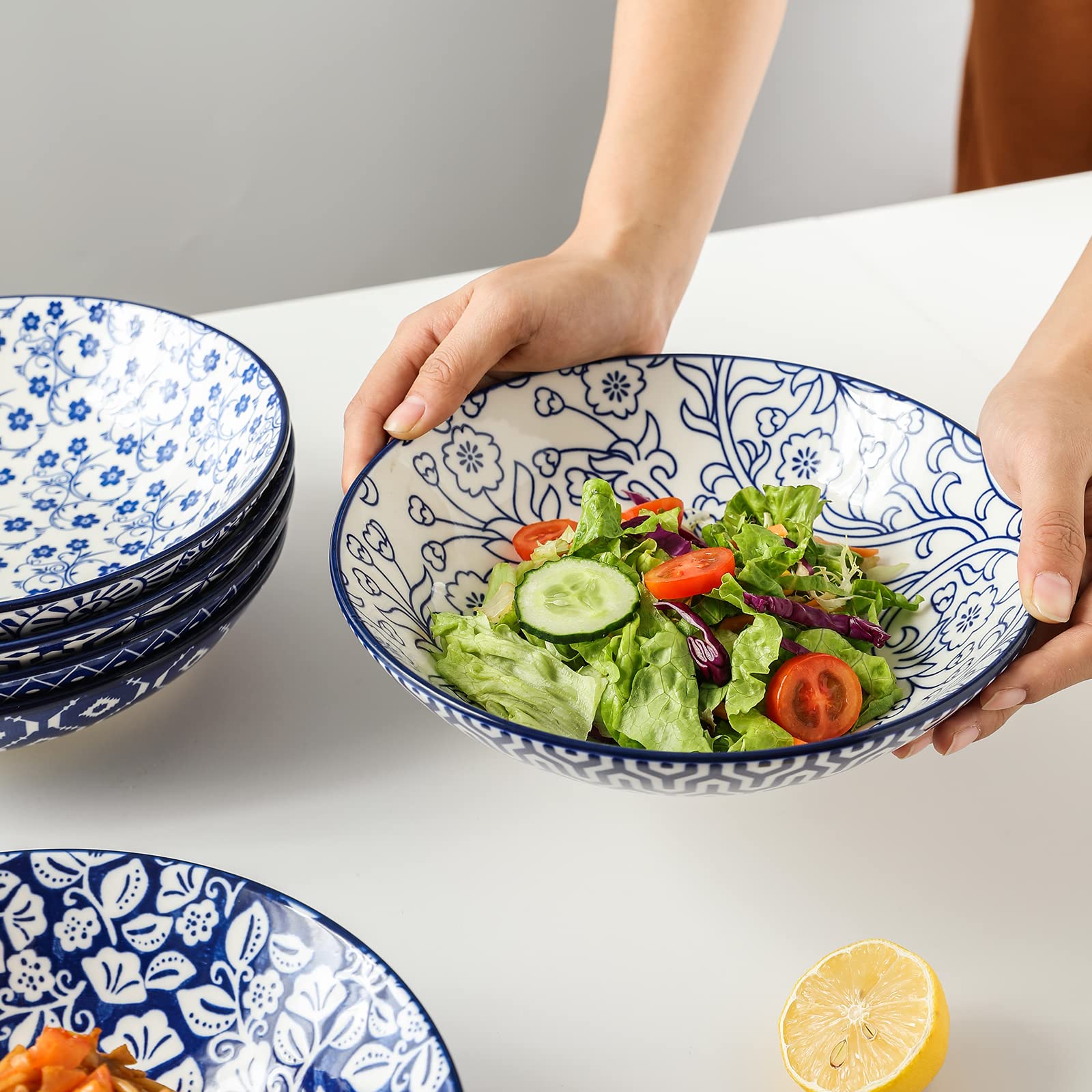 Selamica Porcelain 40Oz Large Bowls 9 Inch Big Pasta Salad Bowls, Microwave And Oven Safe, Vintage Blue, Set Of 6