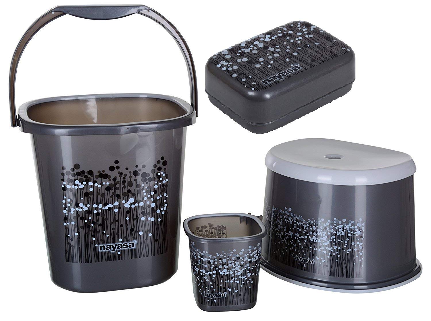 Nayasa Funk Square 4Pcs Bathroom Set(Bucket 18L+Mug 1.5L+Stool+Soap case) Black, Plastic