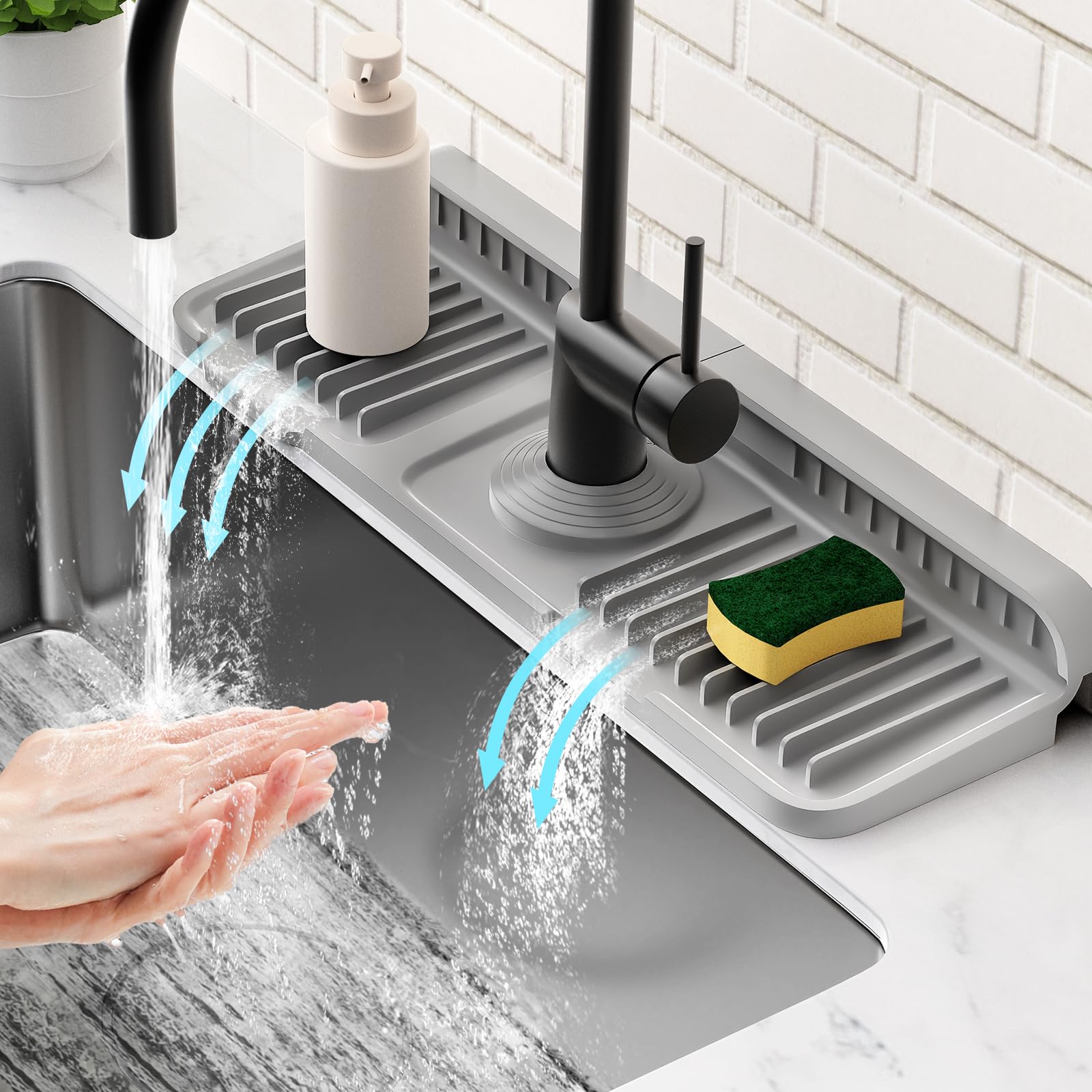 14.6 inch Faucet Mat for Kitchen Sink Splash Guard[7 Slope Fast Self-draining][Snap Lock Fit]Kitchen Sink Faucet Mat Splash Guar