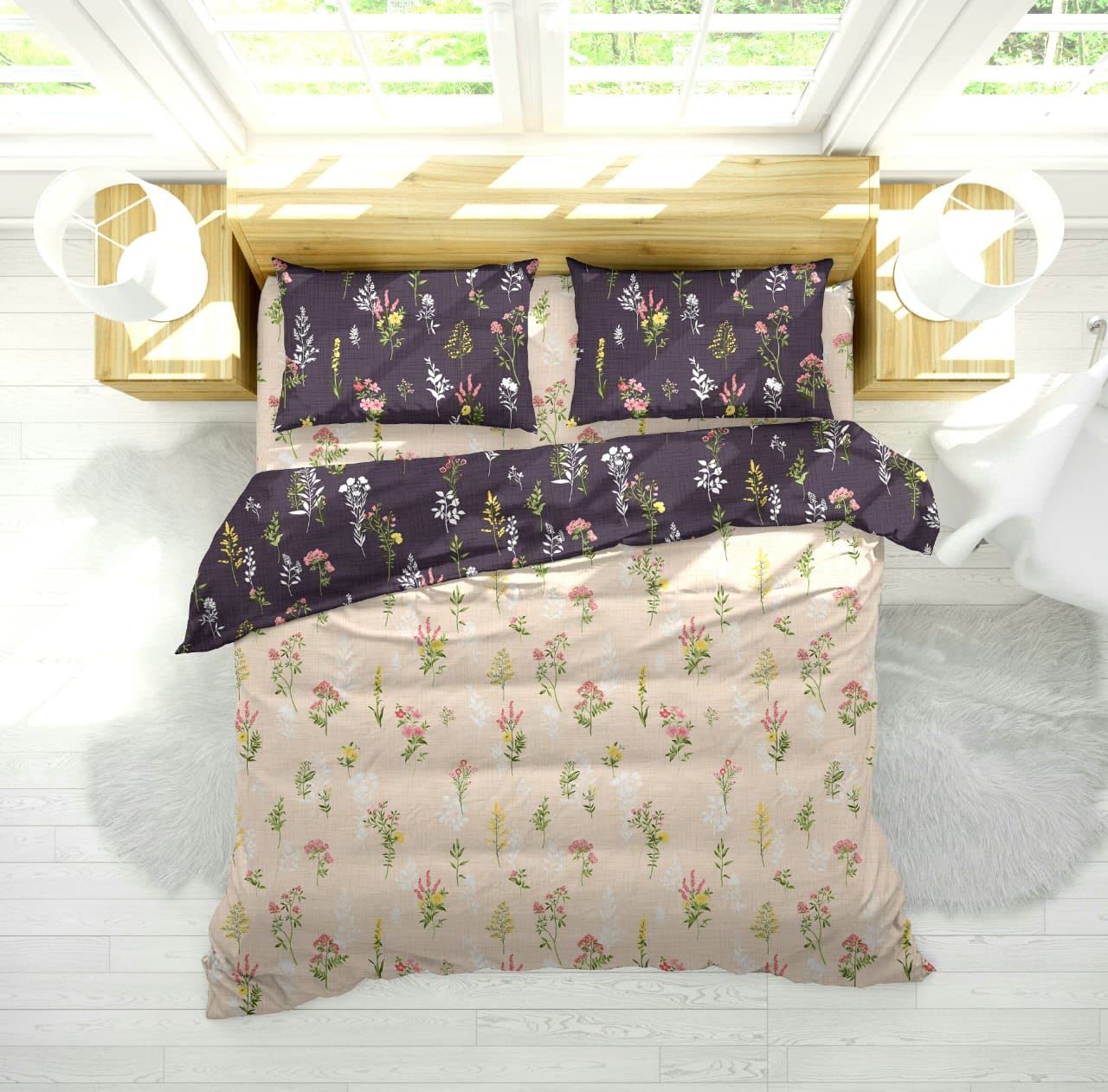 Furnistitchs Super King Size Bed Cover Elastic Fitted Bedsheet With 2 Contrast Pillow Covers, Fits Upto 12 Inches Mattress, Elas
