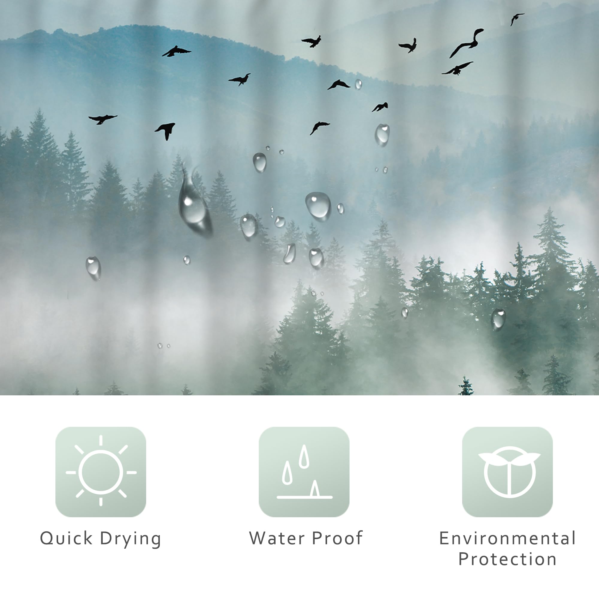 Riyidecor Green Mountain Shower Curtain 72Wx72H Inch Nature Scenery Foggy Pine Tree Scenic Woodland Greenery Landscape Mens Bath