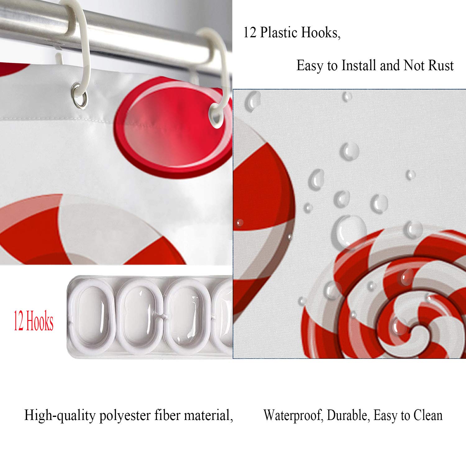 Batmerry Red White Brown Christmas Decorative Shower Curtain, Red White Green Sweet Peppermint Candy Striped Cute Long Wide With