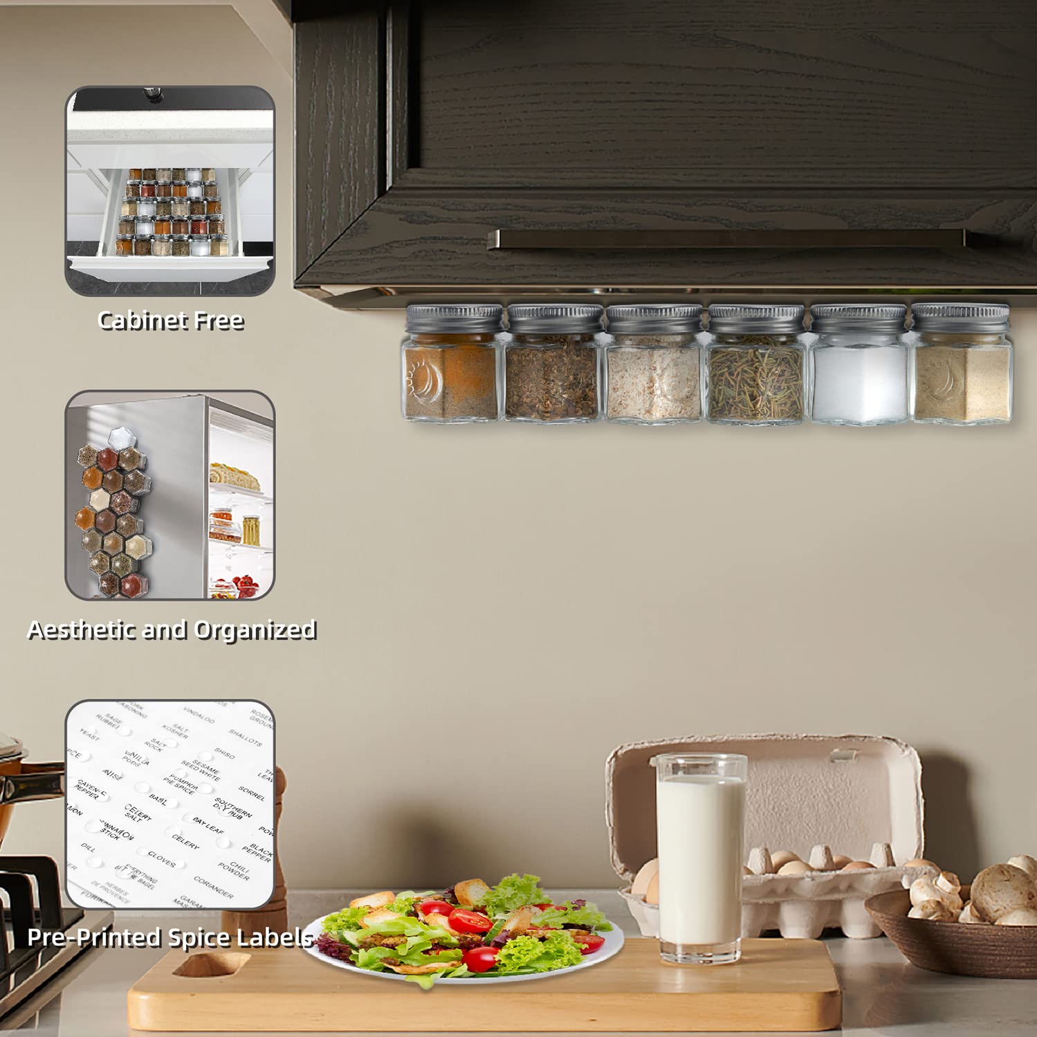 Homazing Set of 24 Magnetic Spice Jars for Refrigerator, Hexagon Glass Magnetic Spice Jars with Shaker Lids and Labels for Kitch