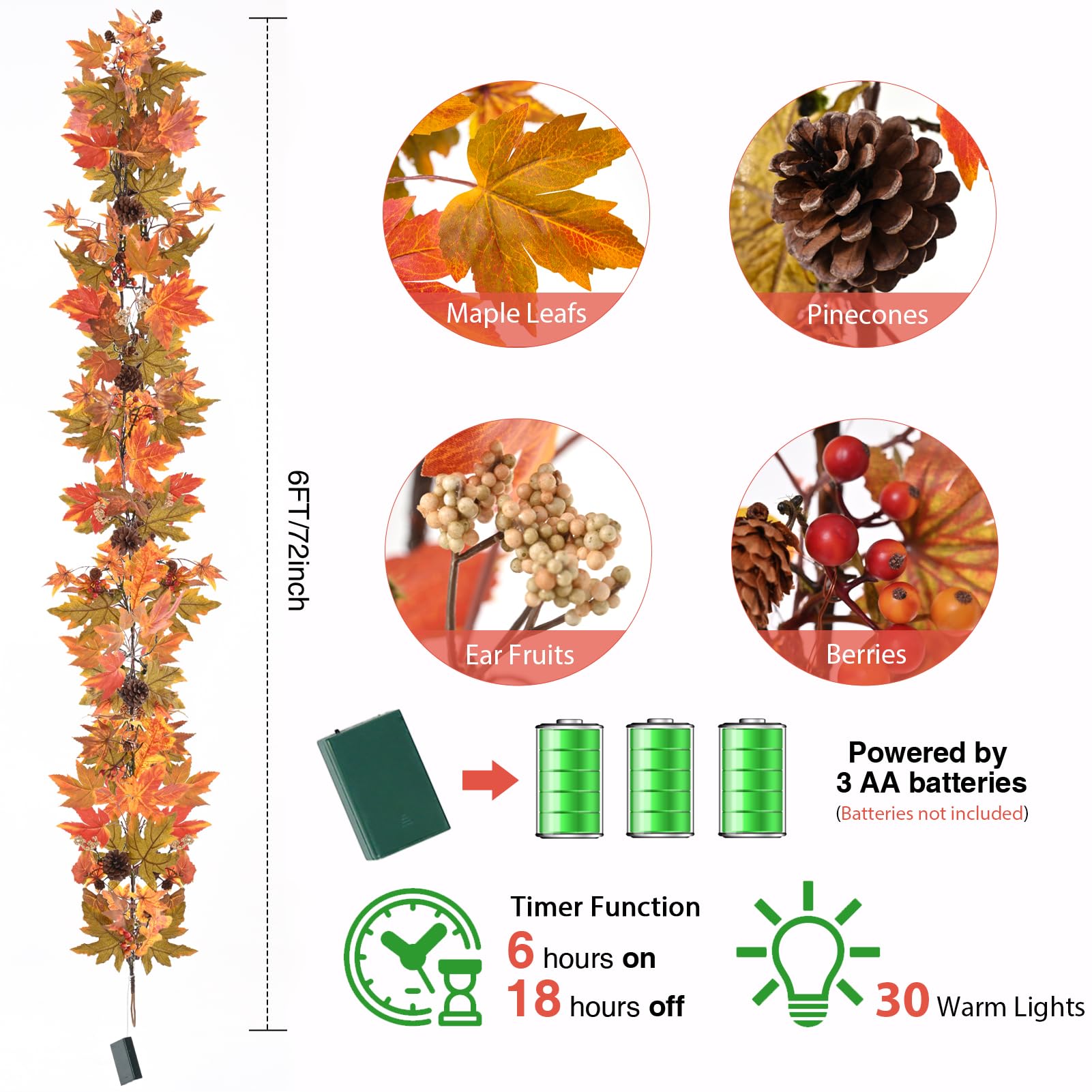 Artgar Fall Maple Leaf Garland, 6 Ft Fall Decor Garland with Pine Cones Berries, Harvest Decor Garlands with 30 Warm Lights for