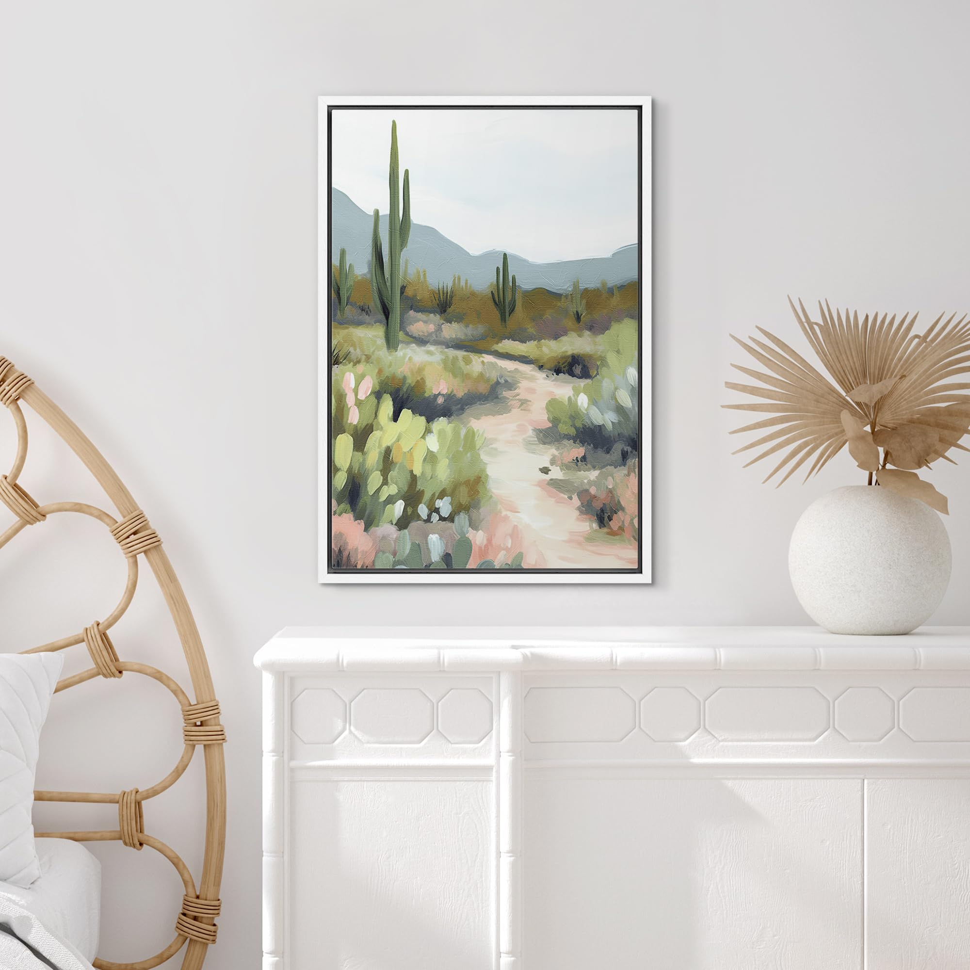Signford Framed Canvas Print Wall Art Desert Path With Cacti Nature Wilderness Illustrations Modern Art Decorative Rustic Relax/