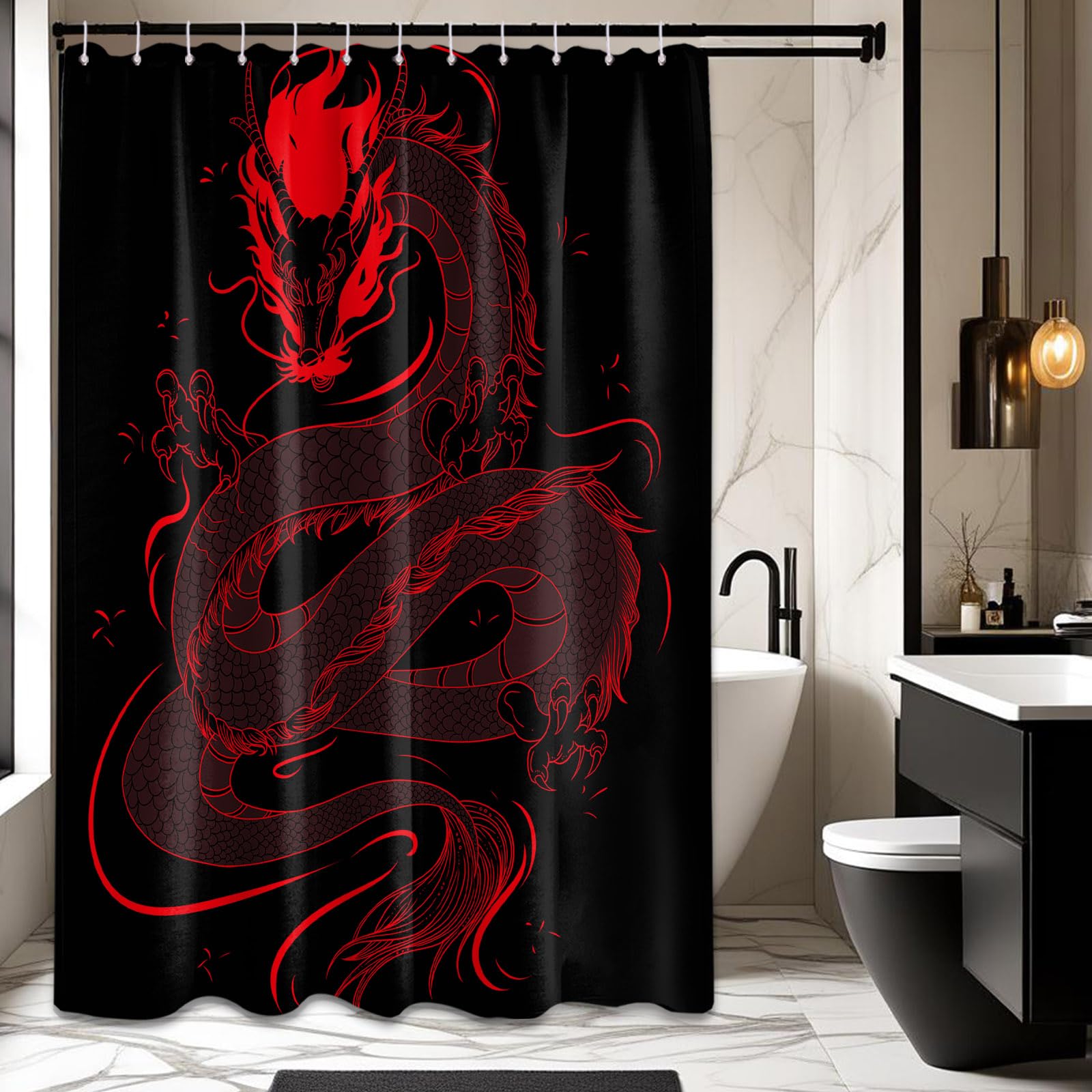 Dltay Dragon Shower Curtain Black And Red Japanese Bathroom Decor Set, Asian Cool Medieval Mens Boys Bath Waterproof Fabric With
