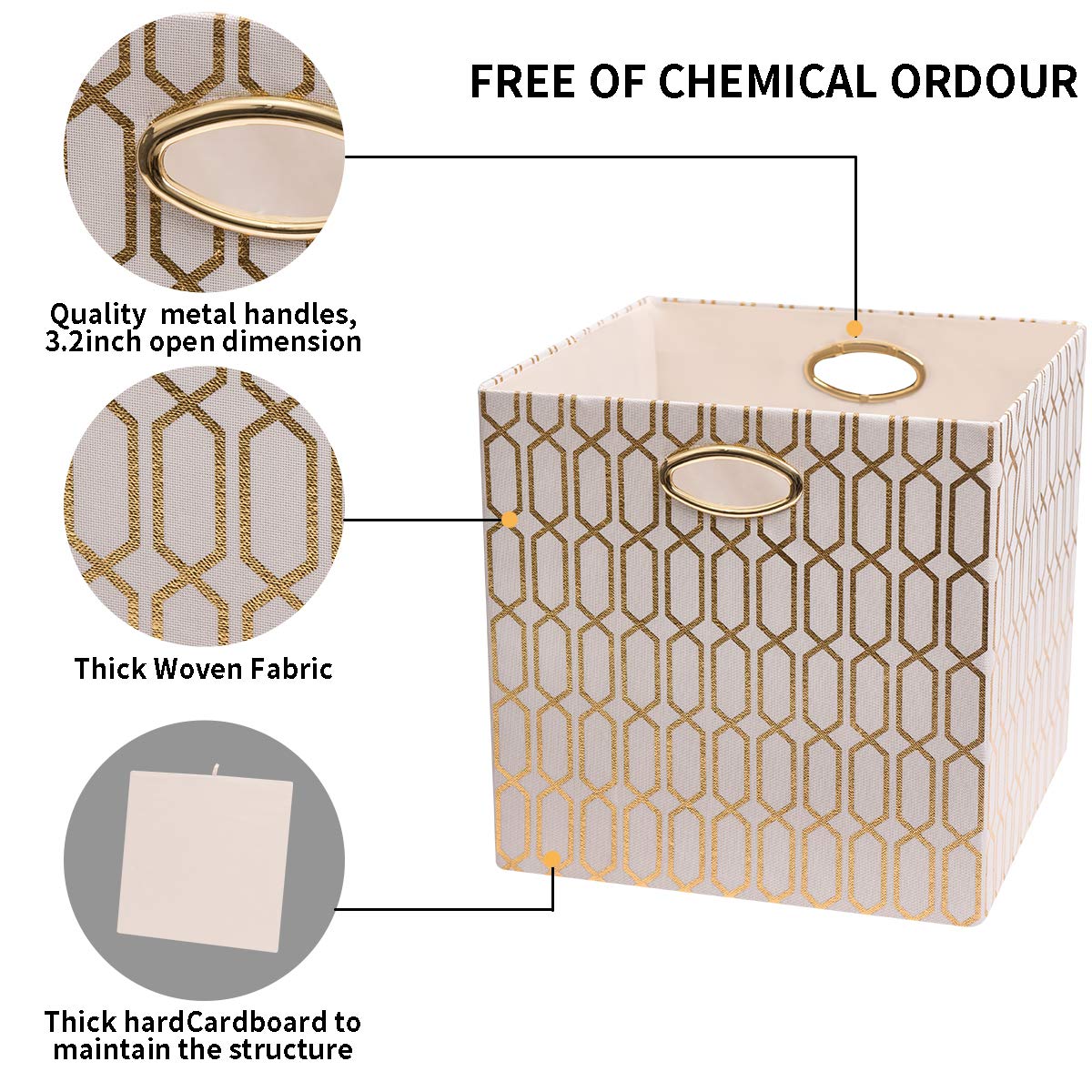Posprica Storage Bins, Storage Cubes,13  13 Fabric Drawers Organizer Basket Boxes Containers (13  13  13/2Pcs, Cream/Gold Geomet
