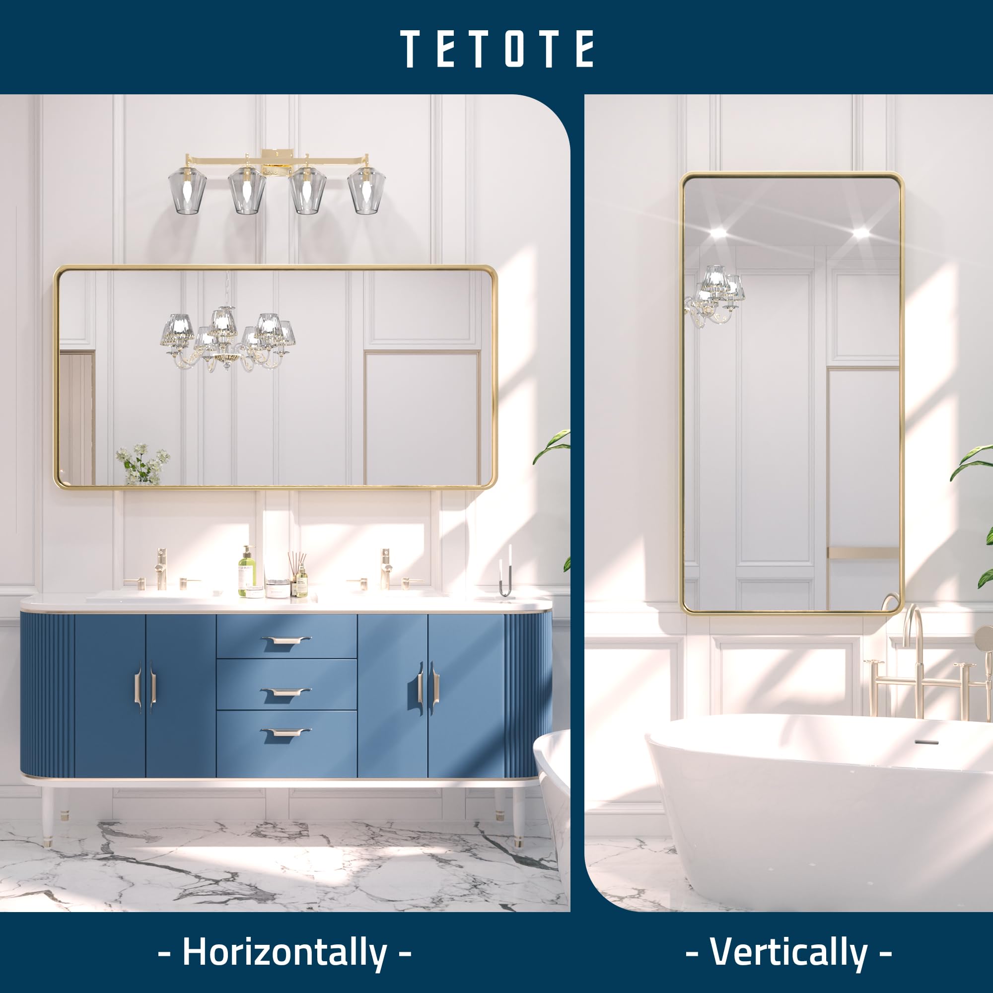 Tetote 48 X 24 Inch Brushed Gold Frame Mirror, Brass Bathroom Vanity Mirror For Wall, Modern Rectangle Round Corner Matte Framed