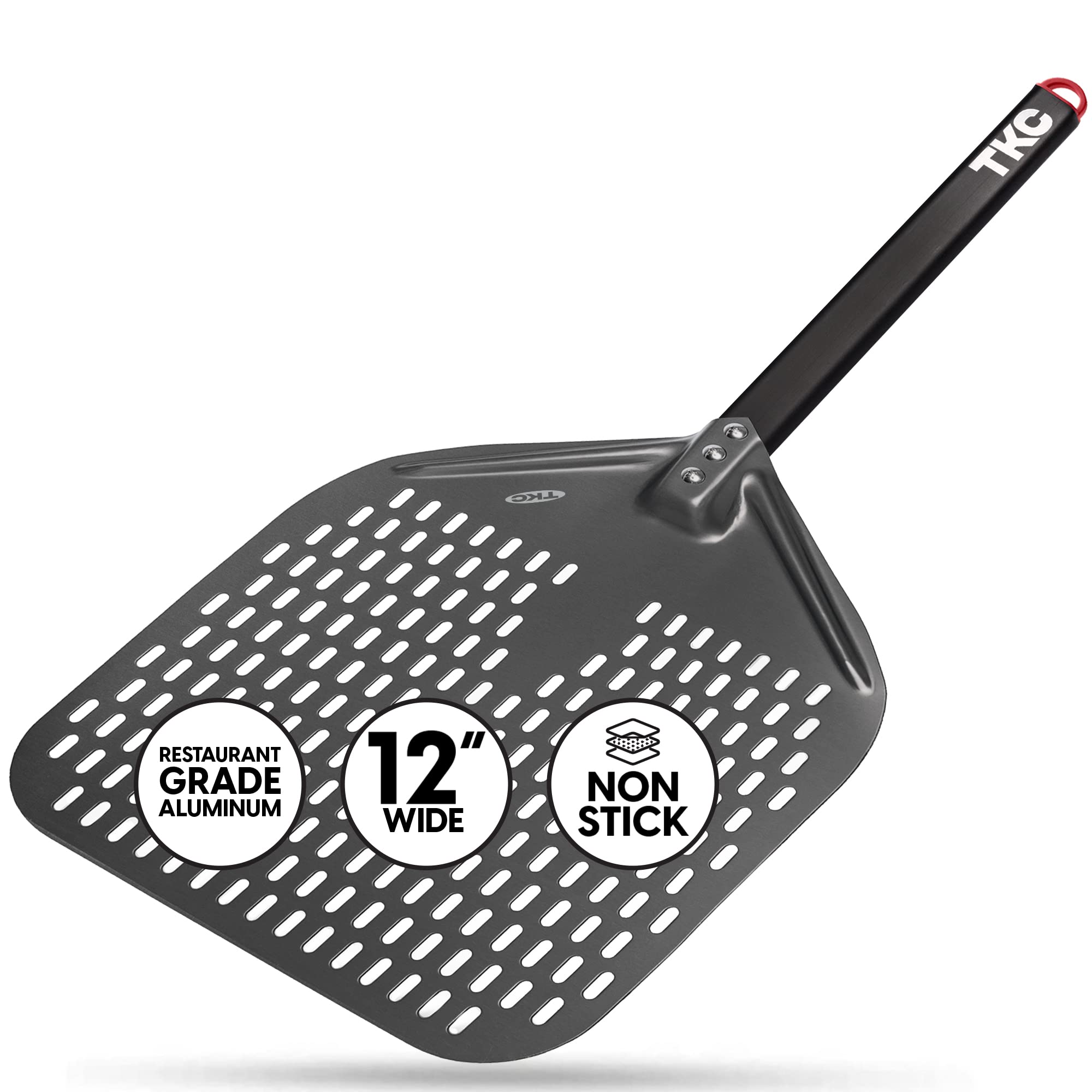 Tkc 12'', 8'' Perforated Pizza Peels - Professional Aluminum Pizza Turning Peel - Long Handle Metal Pizza Spatula For Indoor And