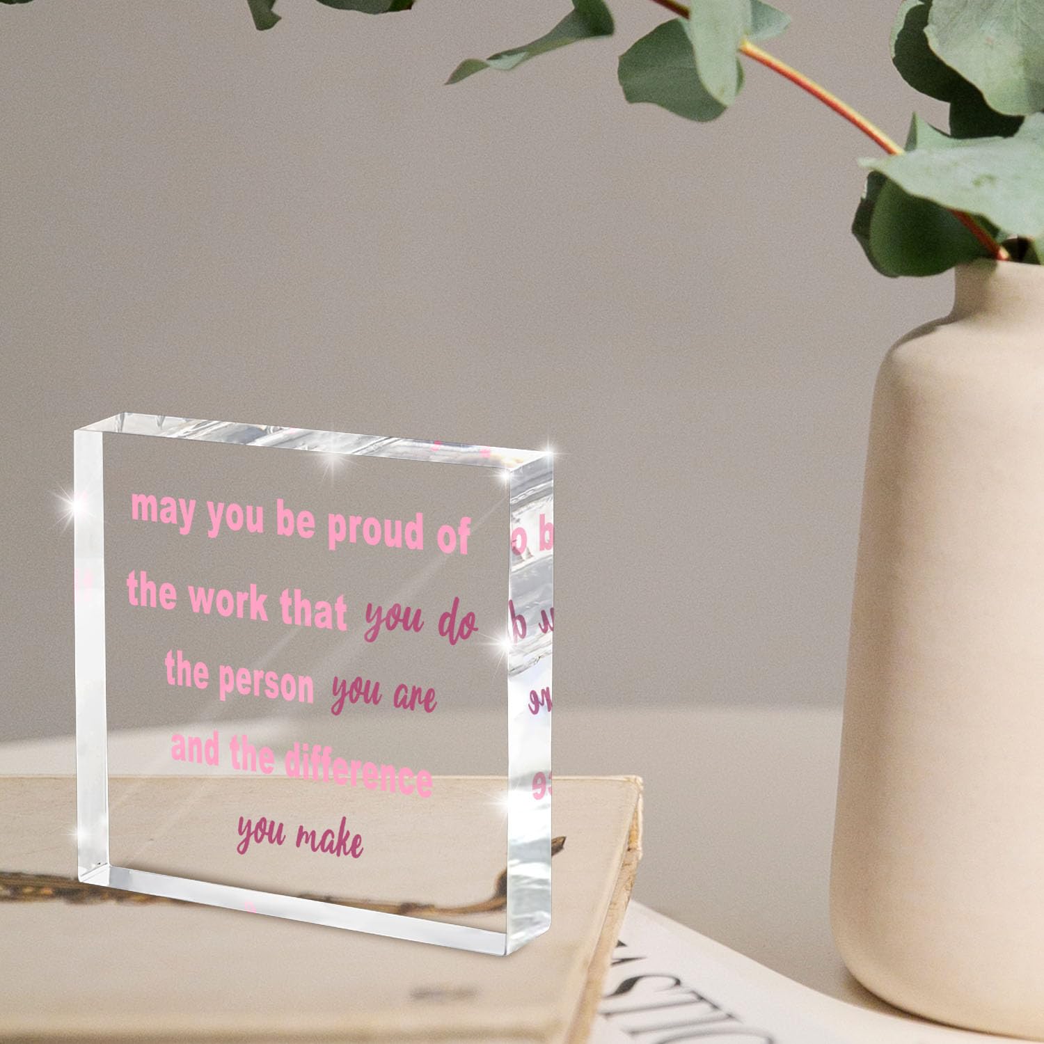 Appreciation Gifts for Women Coworkers - 4 Inch Pink Acrylic Desk Decor with Inspirational Quote - Thank You Farewell Goodbye Gi