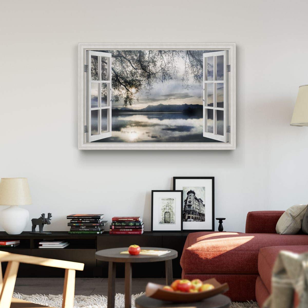 Renditions Gallery Canvas Nature Wall Art Home Paintings & Prints Serene Mountain Lake Reflection Modern Winter Window View Wall