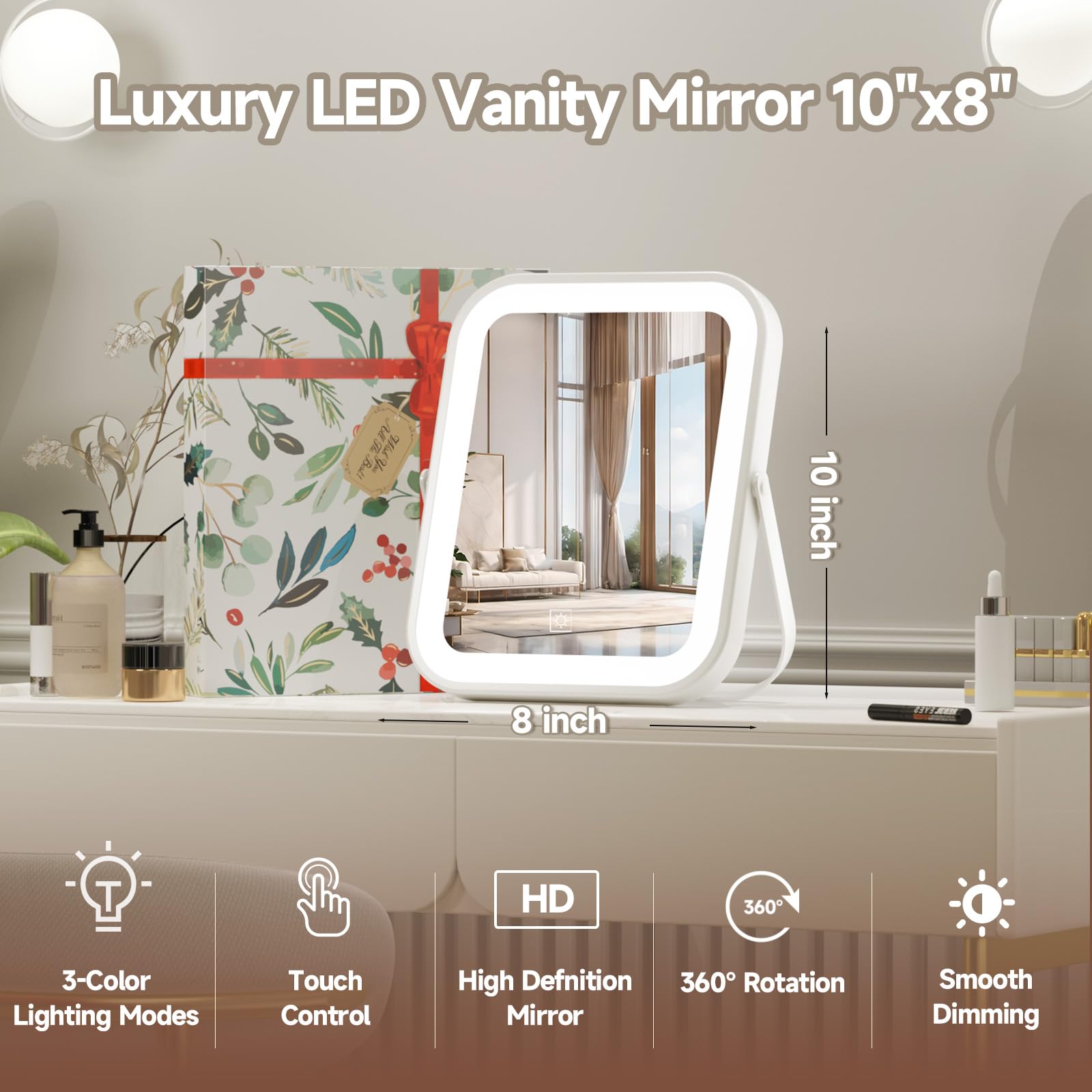 Primetek Led Vanity Mirror With Gift Box, 10''X8'' Lighted Hollywood Makeup Mirror, Portable Travel Makeup Mirror With Lights, 3