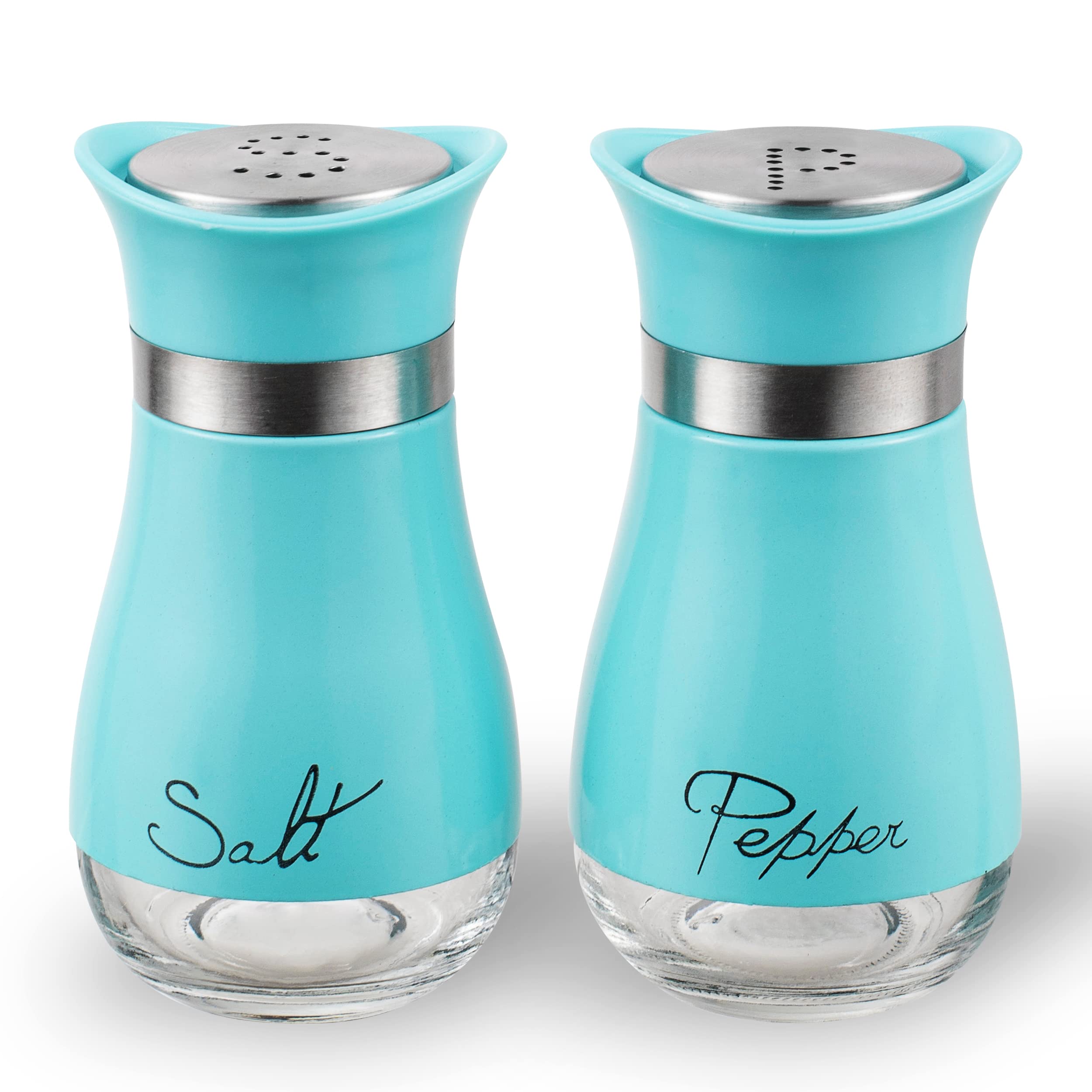 Salt And Pepper Shakers, Stainless Steel And Glass Bottle, Set Of 2, Turquoise