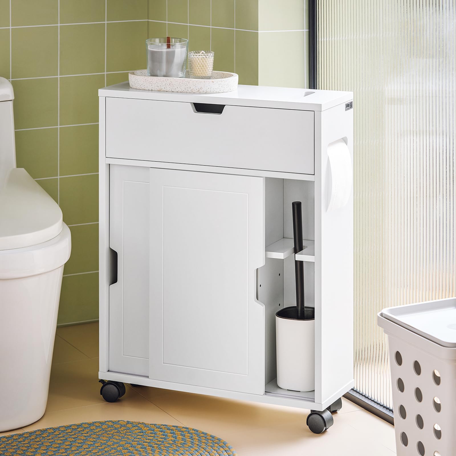 Haotian BZR31-W  White Toilet Paper Roll Holder  Bathroom Cabinet Storage Shelf on Wheels