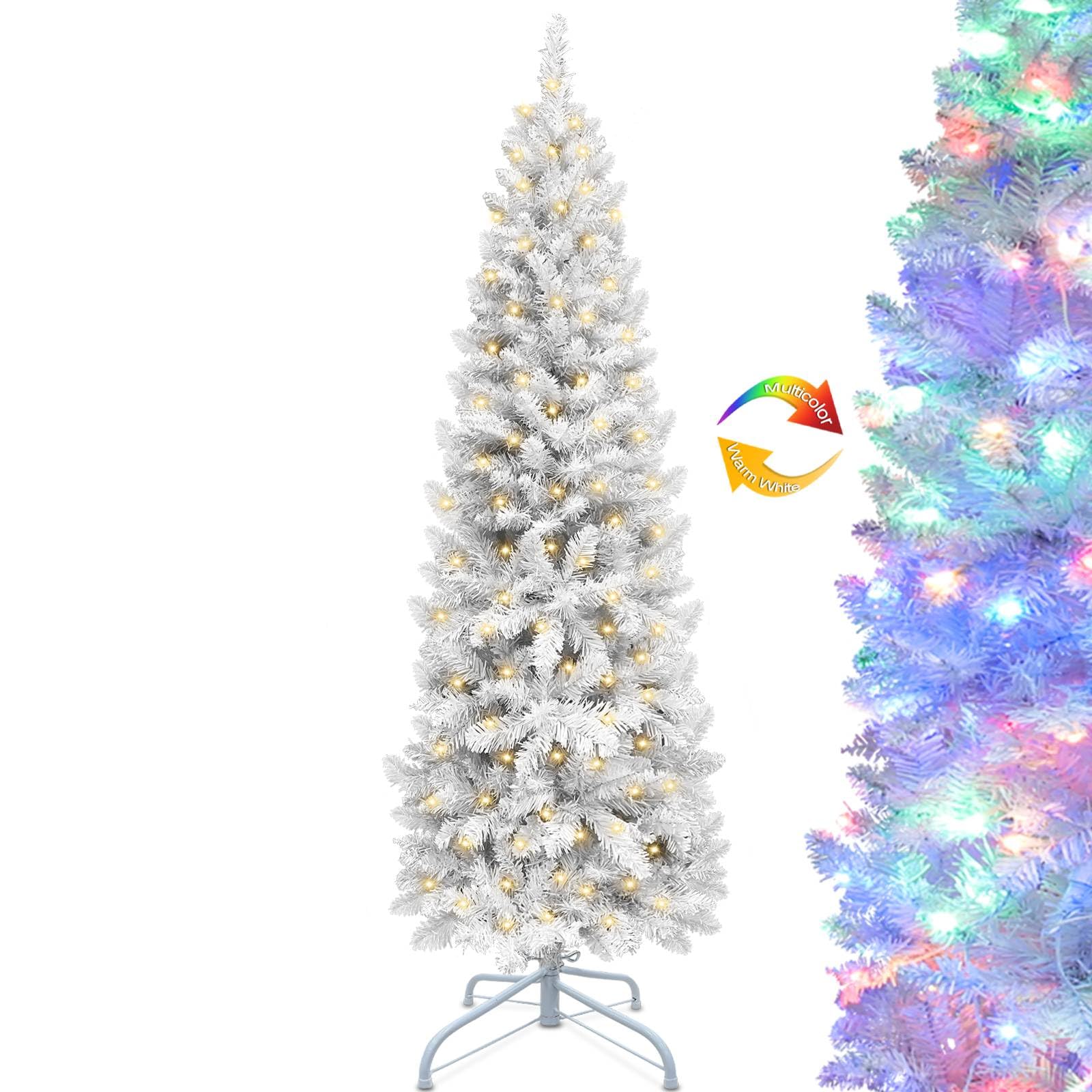 5 Ft Prelit White Pencil Artificial Christmas Tree with Timer 180 LED Warm White & Colorful Change Lights 8 Modes Plug in 550 Br