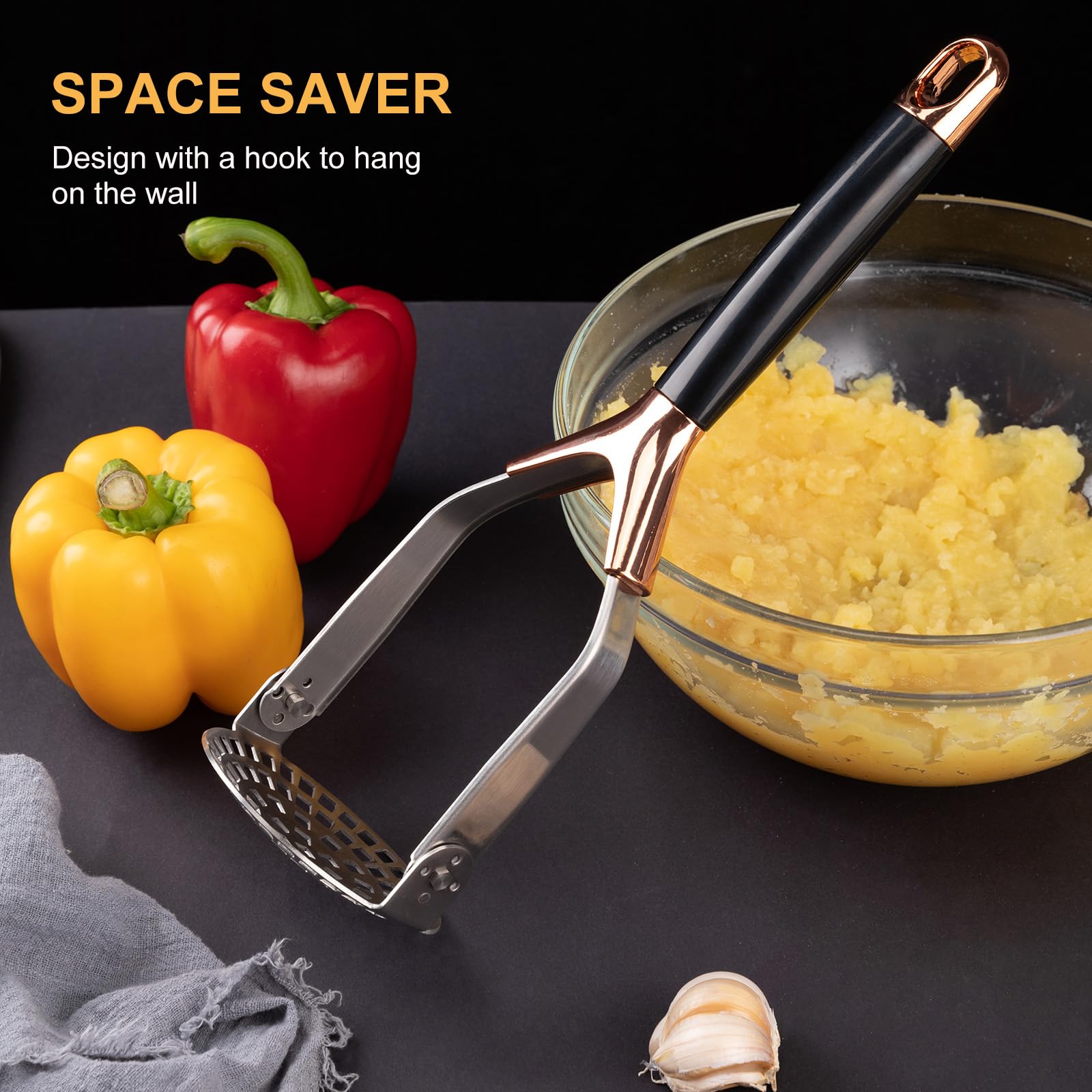 Obsoorth Potato Masher, Folding Stainless Steel Non Stick Non-Slip Mash Potatoes Masher 12 Inch Long Handle Saves Space Heavy Du
