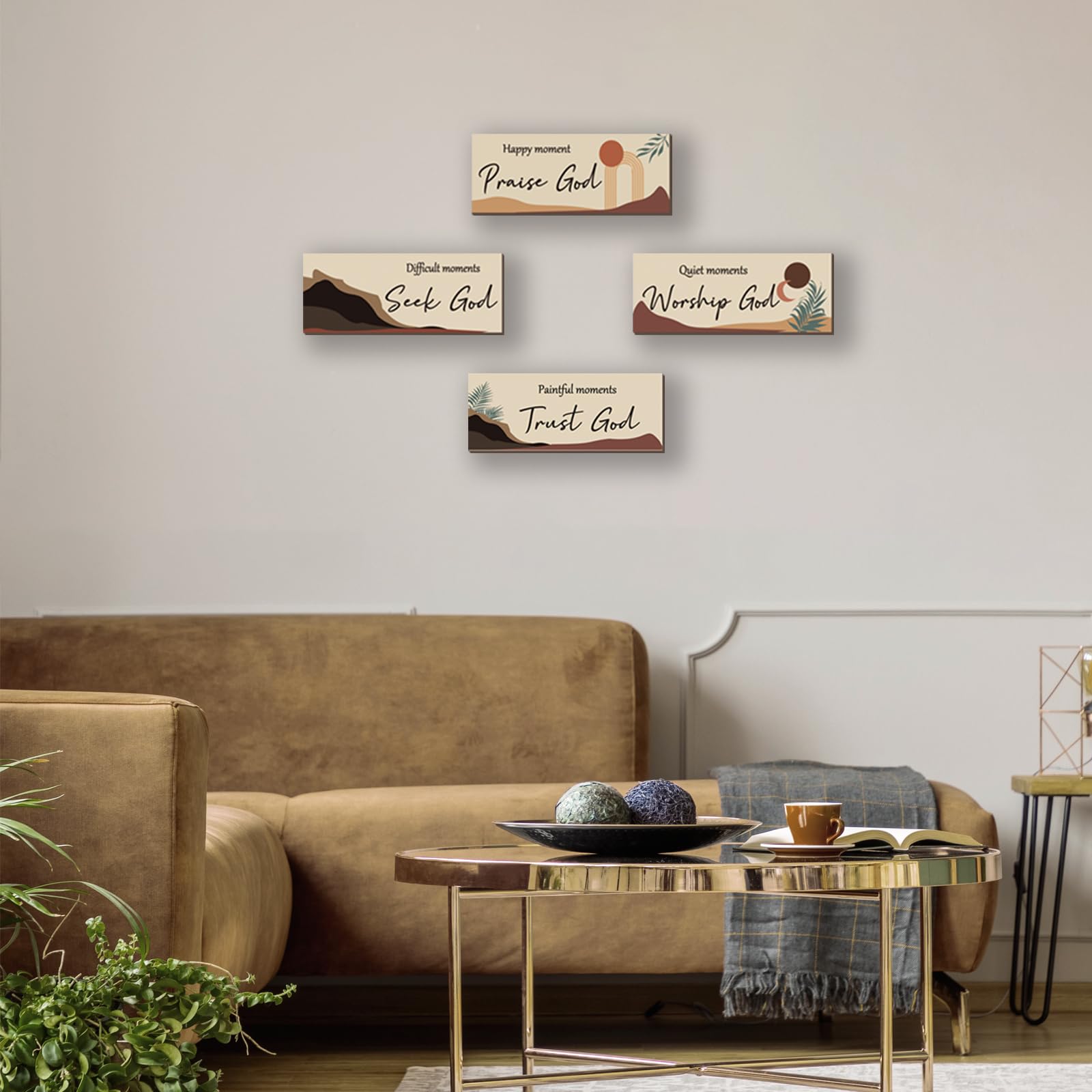 ONIZHITY 4 Pcs Boho Bathroom Decor Religious Wall Art Bible Verse Inspirational Navy Bohemian Wall Decor Rustic Wooden Christian