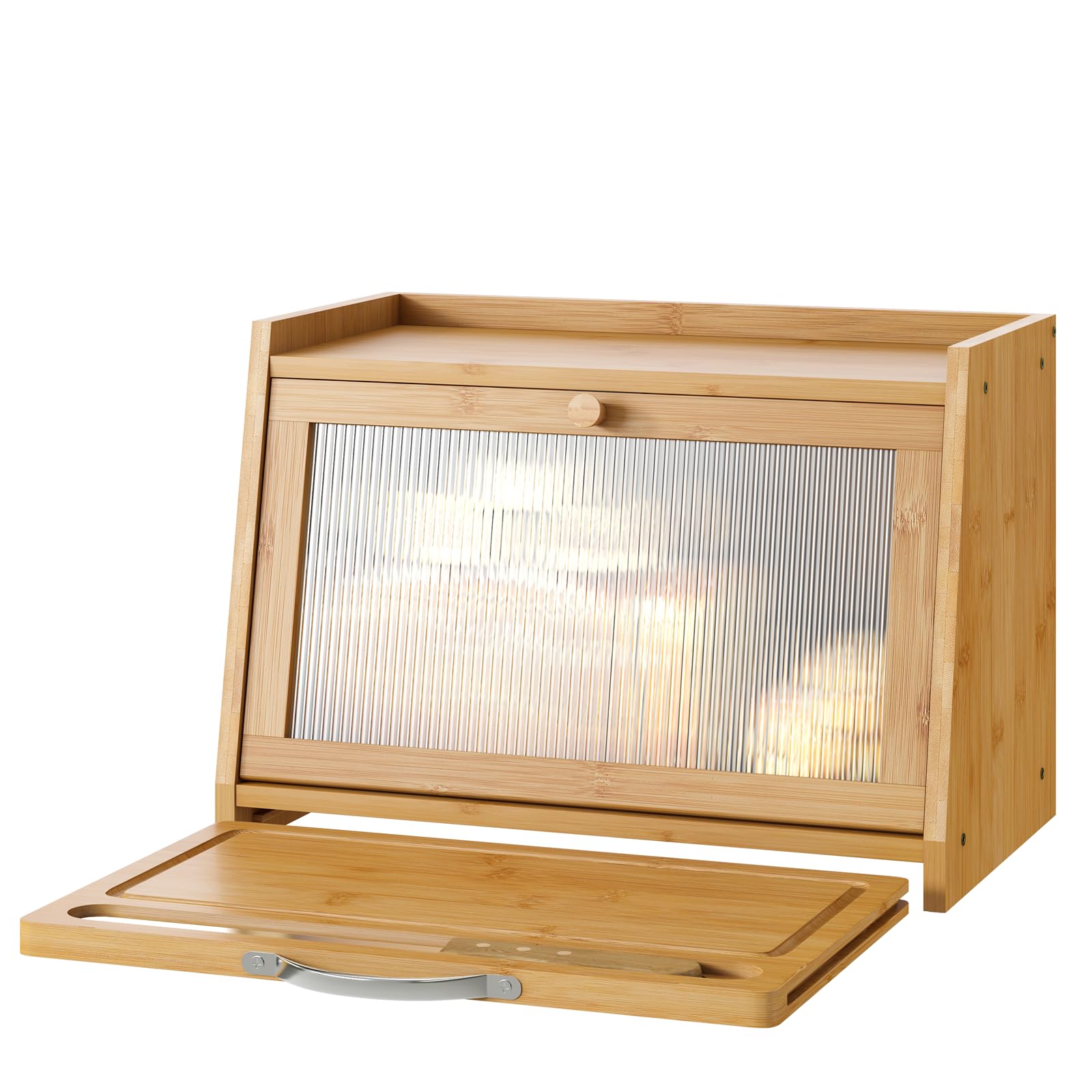 kiplant Bread Box with Cutting Board, Bamboo Bread Box for Kitchen Counter, Bread Storage Container with Wavy Arcylic Transparen