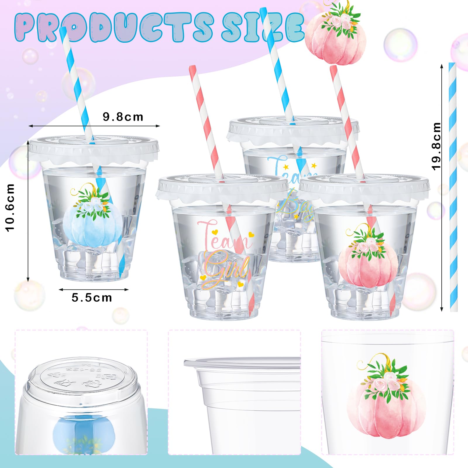 Jingmore 50 Set Pumpkin Gender Reveal Decorations 12 oz Team Boy Team Girl Cups with Lid and Straw Gender Reveal Pink and Blue C