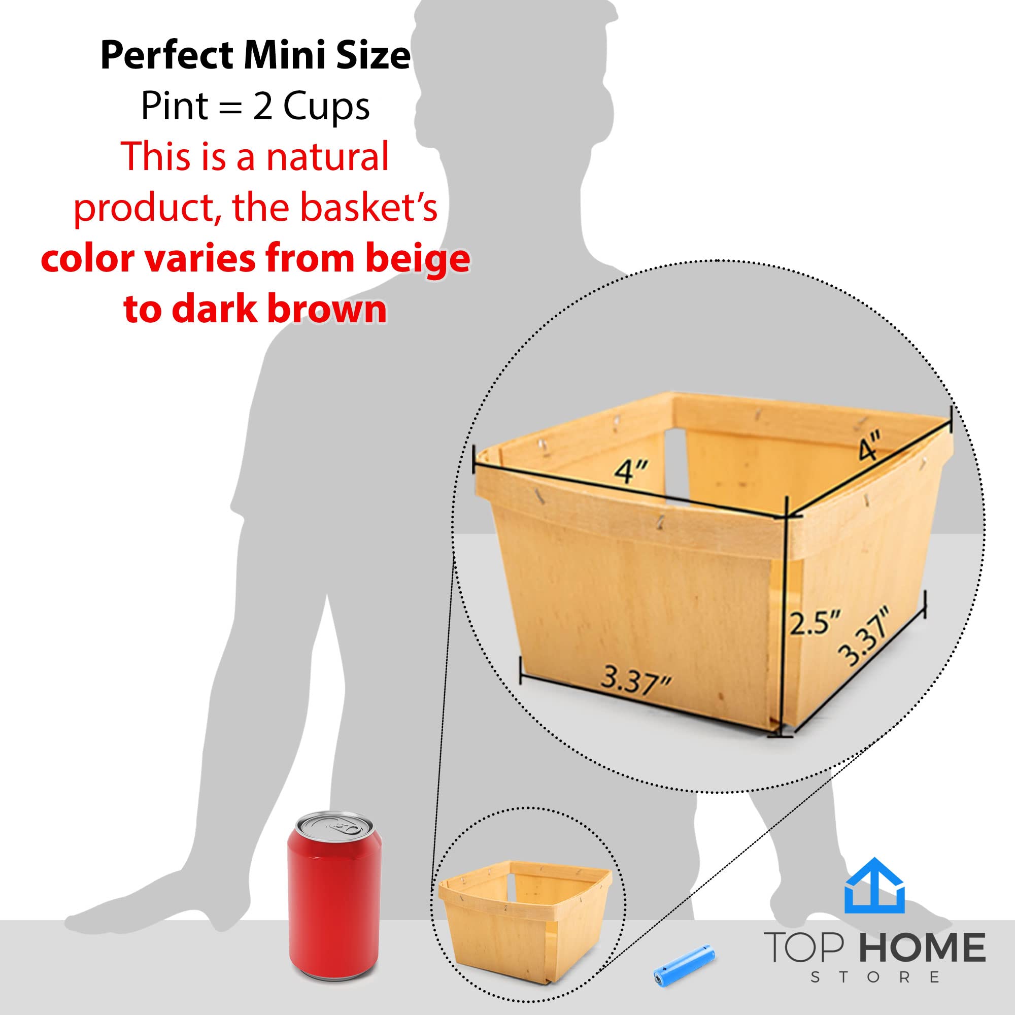 One Pint Wooden Berry Baskets (10 Pack); For Picking Fruit Or Arts, Crafts And Decor; 4    Square Vented Wood Boxes