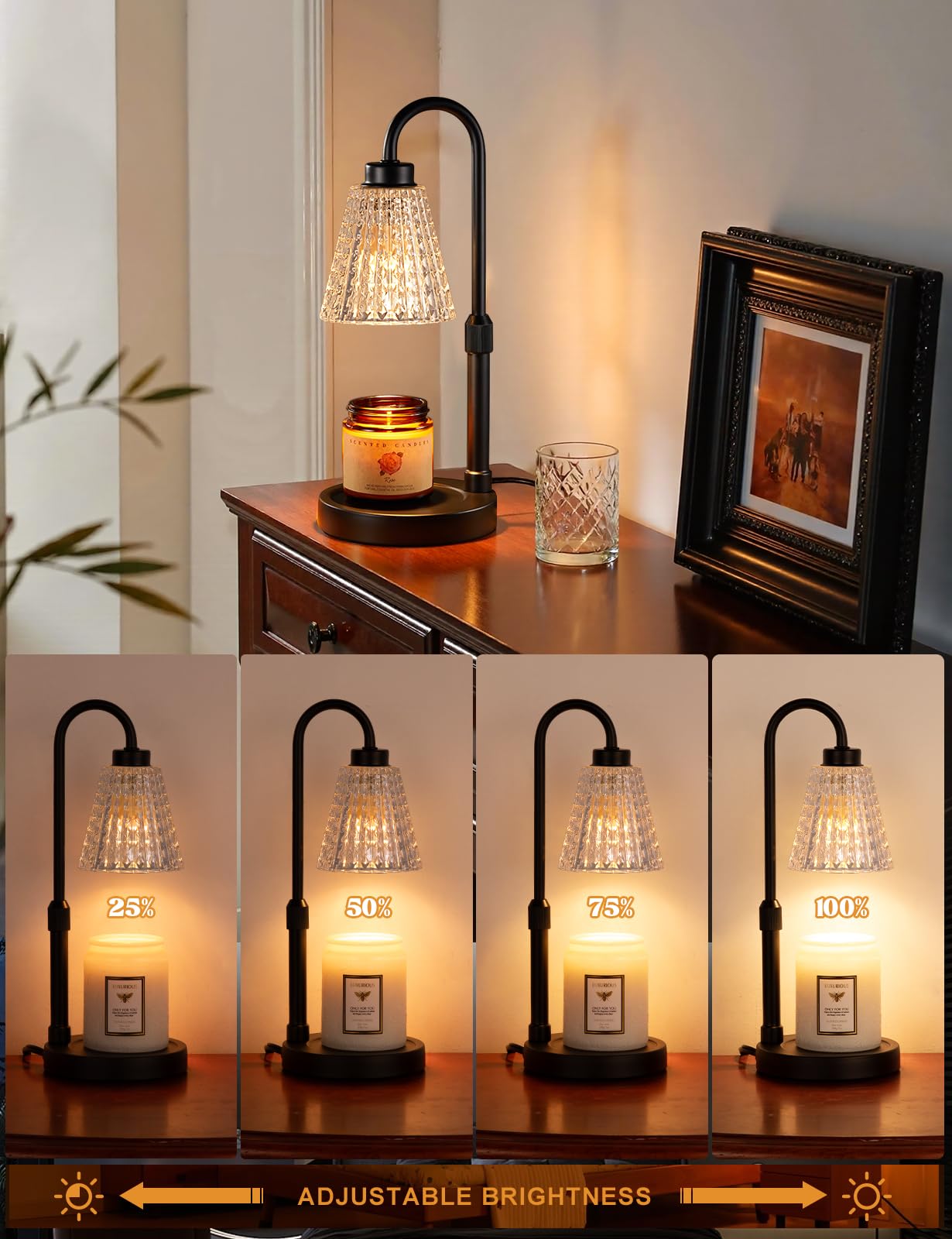 Innqoo Black Crystal Candle Warmer Lamp with Timer, Dimmable Candle Warmer for Jar Candles, Height Adjustable Wax Melts Warmer,