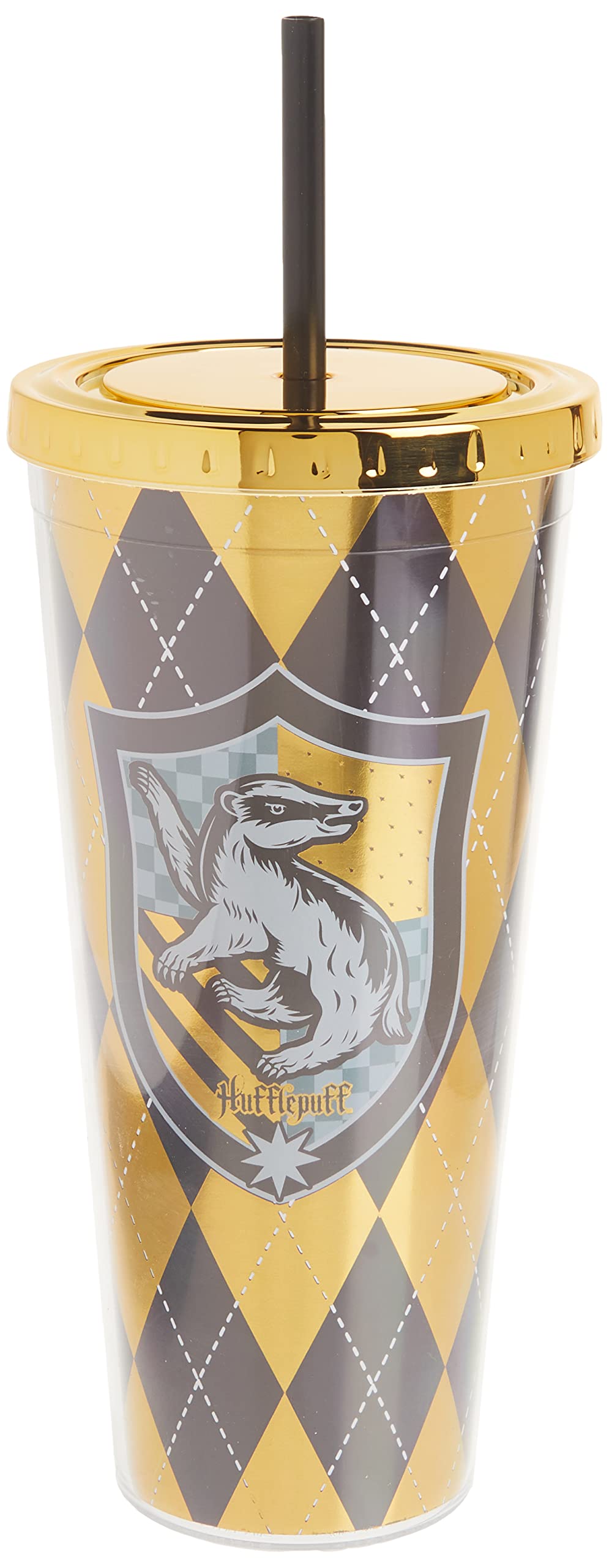 Spoontiques Harry Potter Acrylic Foil Cup with Straw, 20oz - Metallic Locking, Double Wall Insulated, BPA Free - Hufflepuff