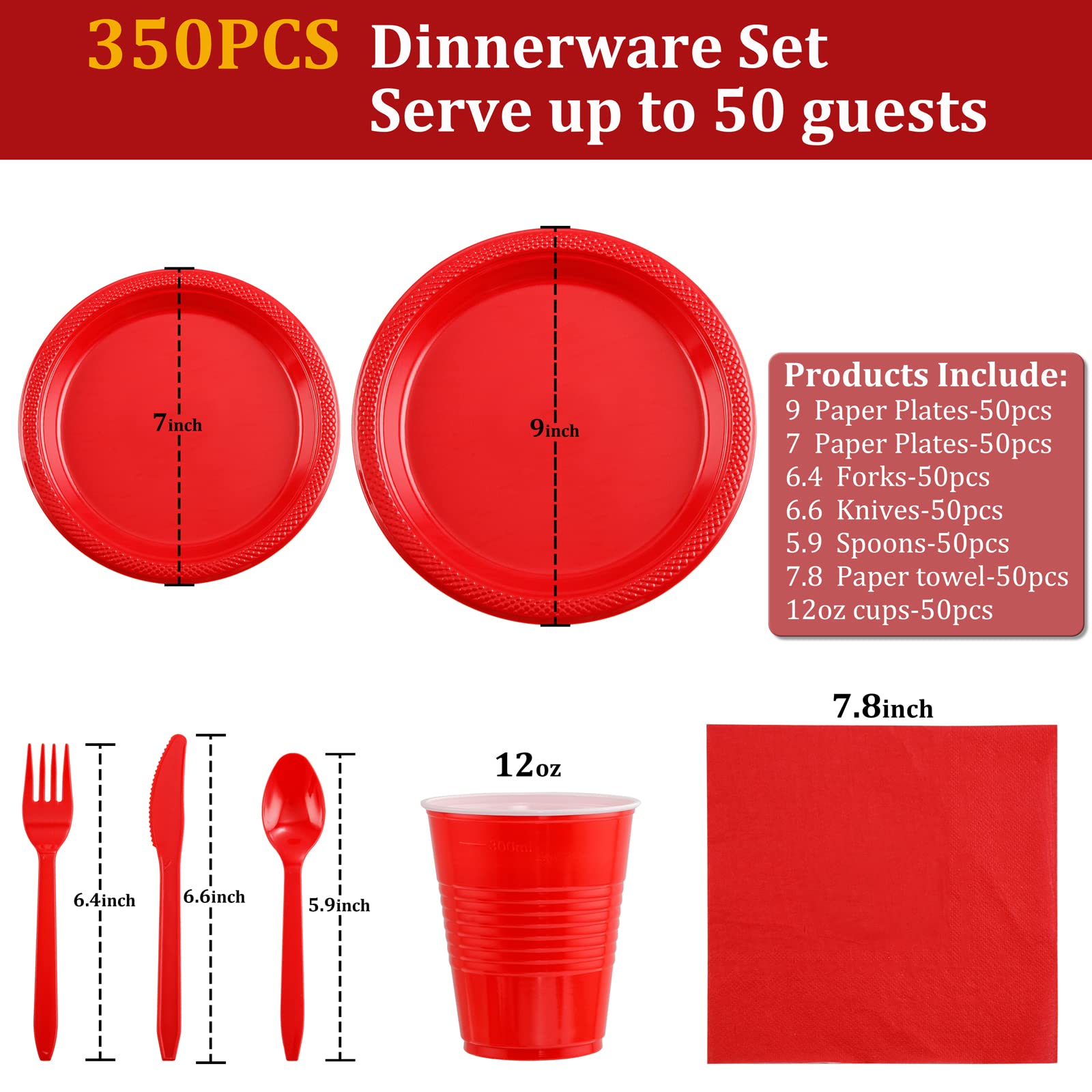 Mirthmood 350Pcs Red Disposable Plastic Plates,Valentines Day Plates Includes 50 Dinner Plates, 50 Salad Plates, 50 Sets Of Red