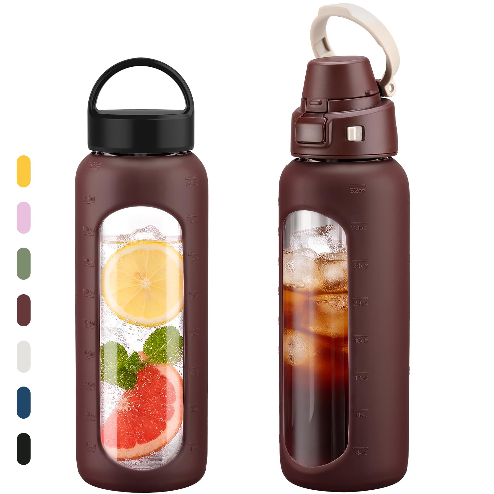MUKOKO 32oz Glass Water Bottle with Straw, 2 LidsStaw Lid and Screw Handle Lid, 1 Liter Reusable Drinking Bottle with Time Mark