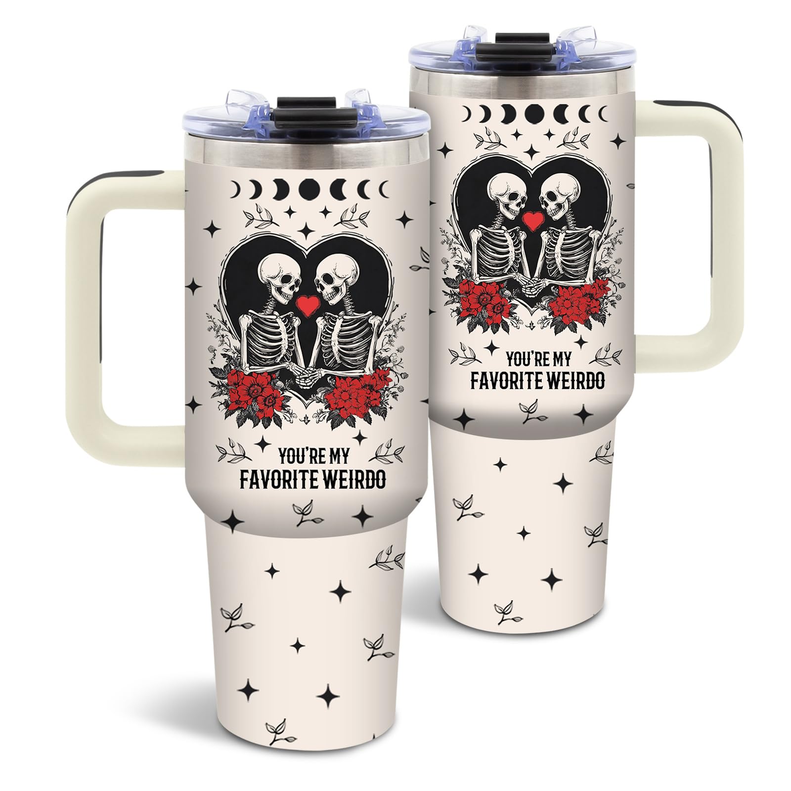 Uibunoo Skull 40oz Tumbler, with Handle Straw, Stainless Steel Coffee Cup