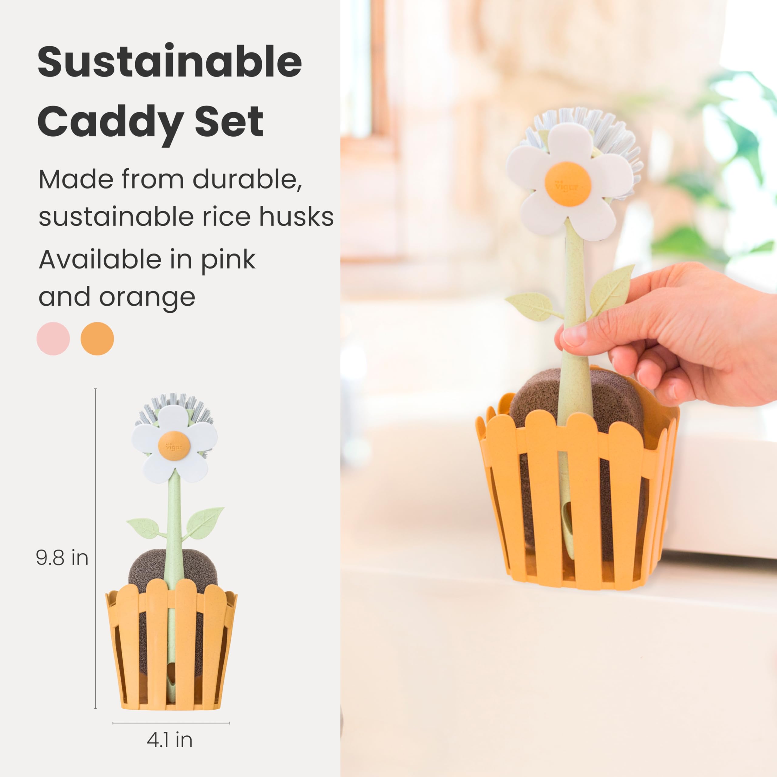 Vigar Florganic 3-In-1 Kitchen Sink Caddy Set, Flower-Shaped Dish Brush, Sponge, Fence-Shaped Holder And Suction Cup, Ideal Sink