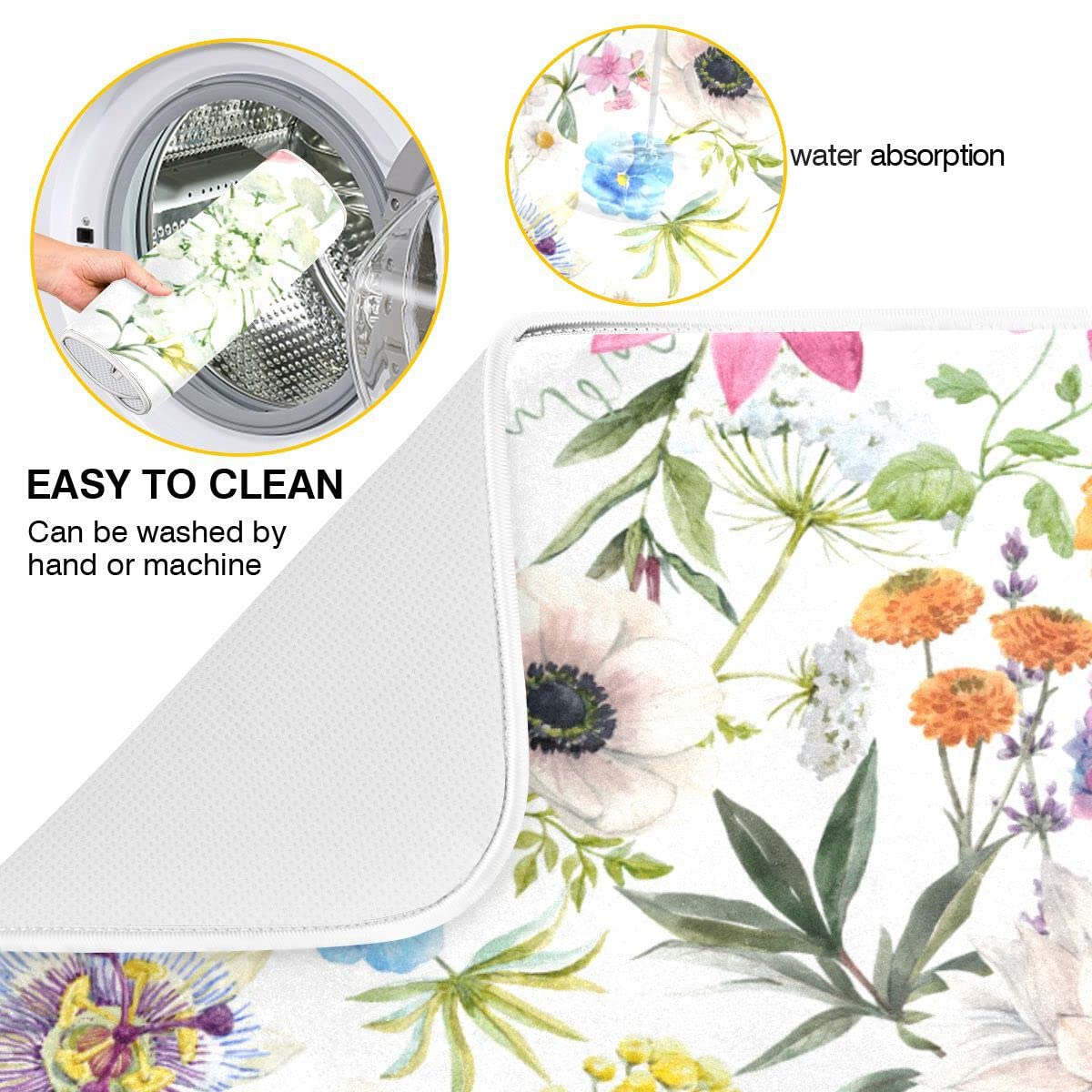 Watercolor Flowers Microfiber Dish Drying Mat Absorbent Dish Draining Mat Large Size 18 X 24 Dishes Drainer Mat For Countertop D