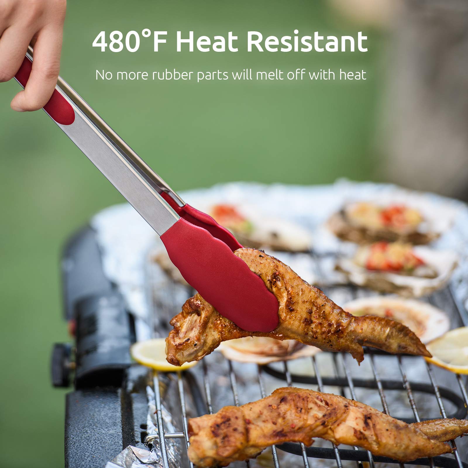 U-Taste Kitchen Tongs, 7/9/12 Inches Cooking Tongs, With 480F High Heat-Resistant Non-Stick Silicone Tips, 18/8 Stainless Steel