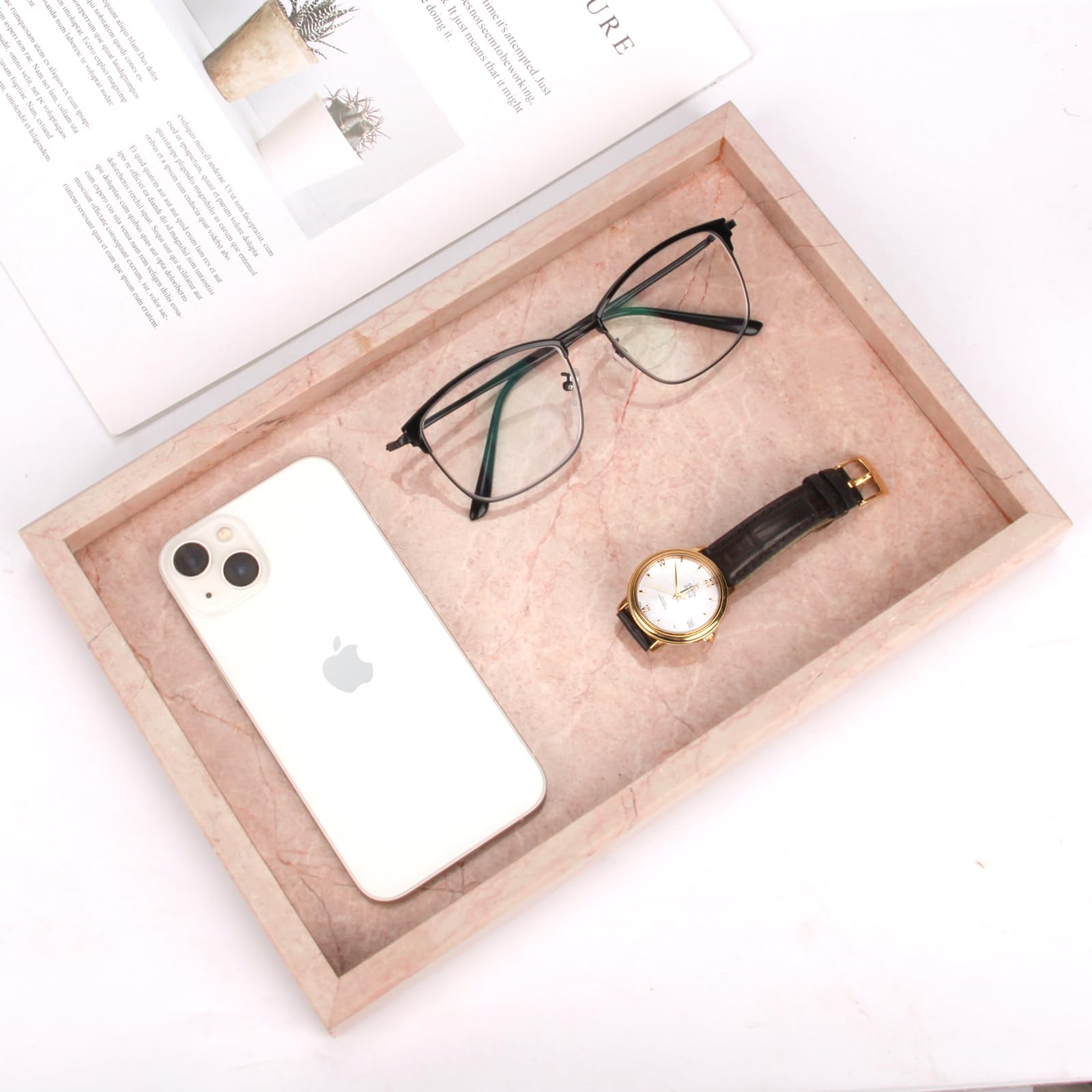 Heshibi Marble Bathroom Vanity Tray, Natural Luxury Cream Rose Marble Home Kitchen Bathroom Table Tray, Stone Decorative Counter