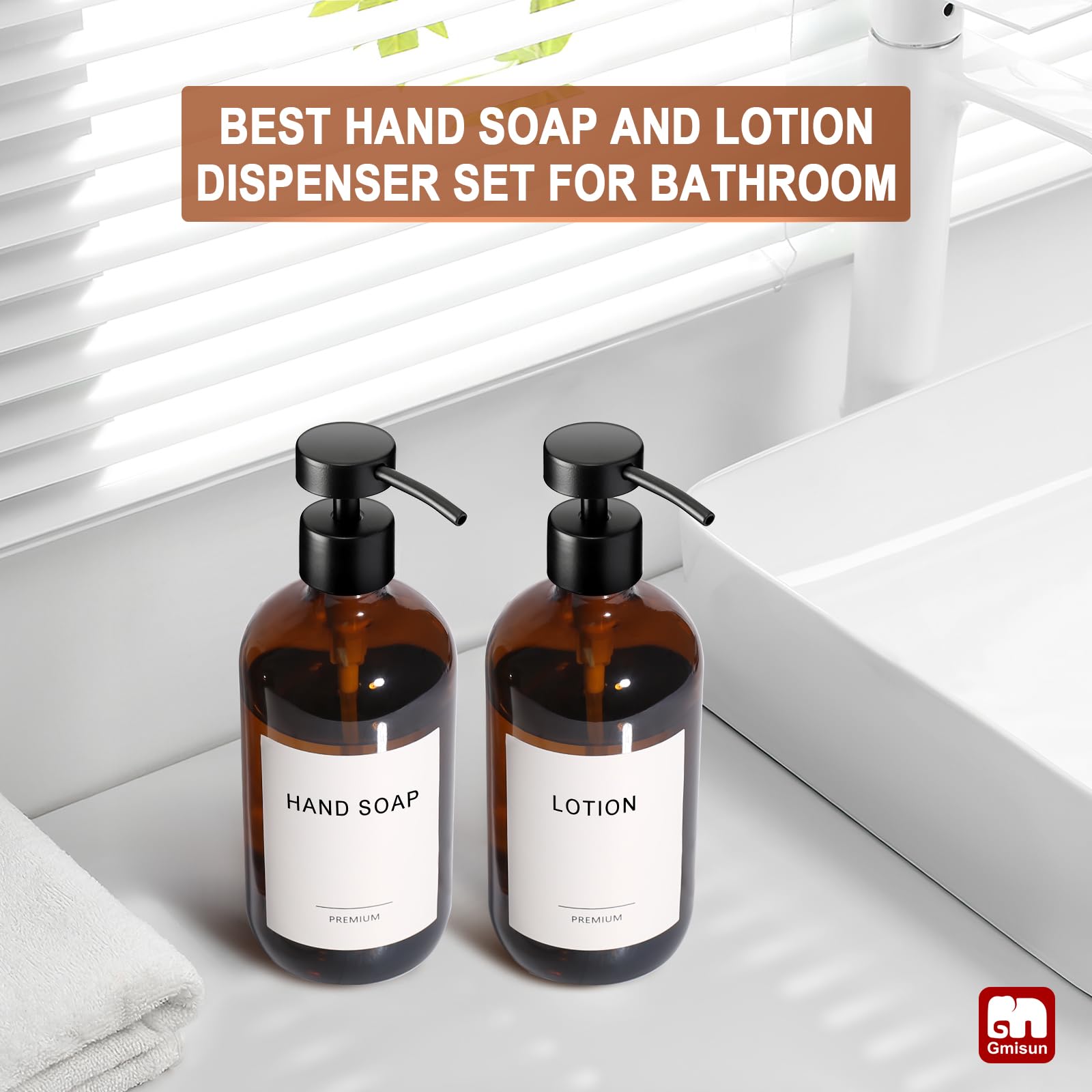 Gmisun Amber Glass Soap Dispenser, 2 Pack Bathroom Hand Soap Dispenser With Stainless Steel Flat Pump, 16Oz Kitchen Hand And Dis