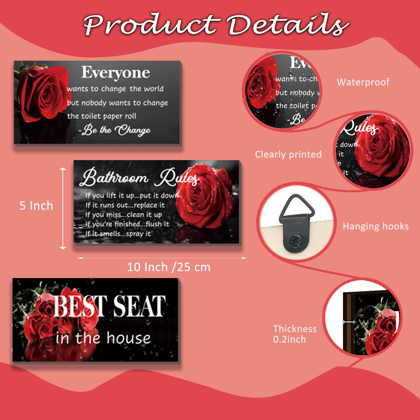 DONFENTHY 3 Pcs Red Bathroom Rules Decor Rustic Farmhouse Wooden Best Seat in The House Rose Hanging Wall Art Toilet Bathroom Ac