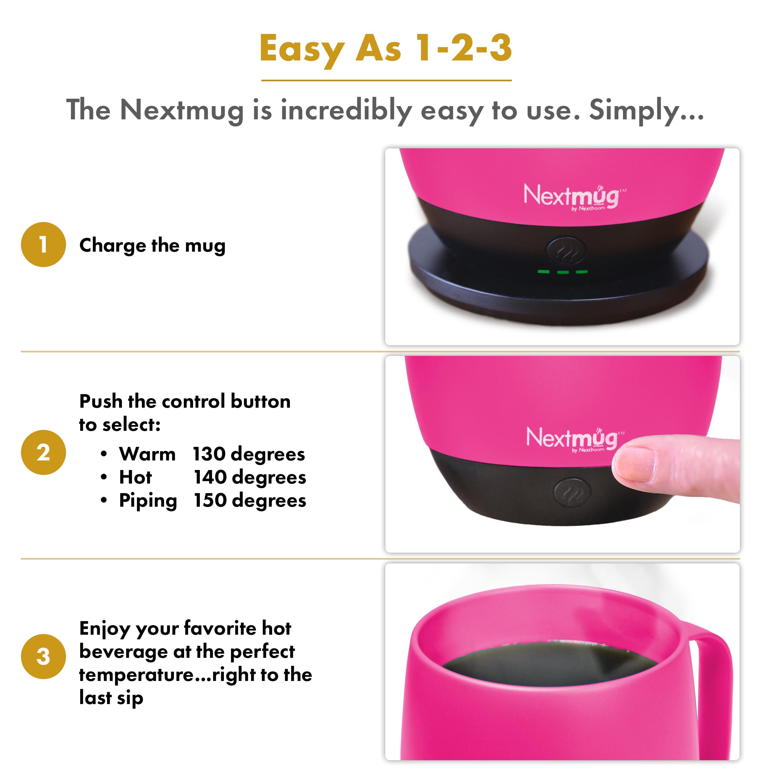 Nextmug - Temperature-Controlled, Self-Heating Coffee Mug (True Pink - 14 Oz.)