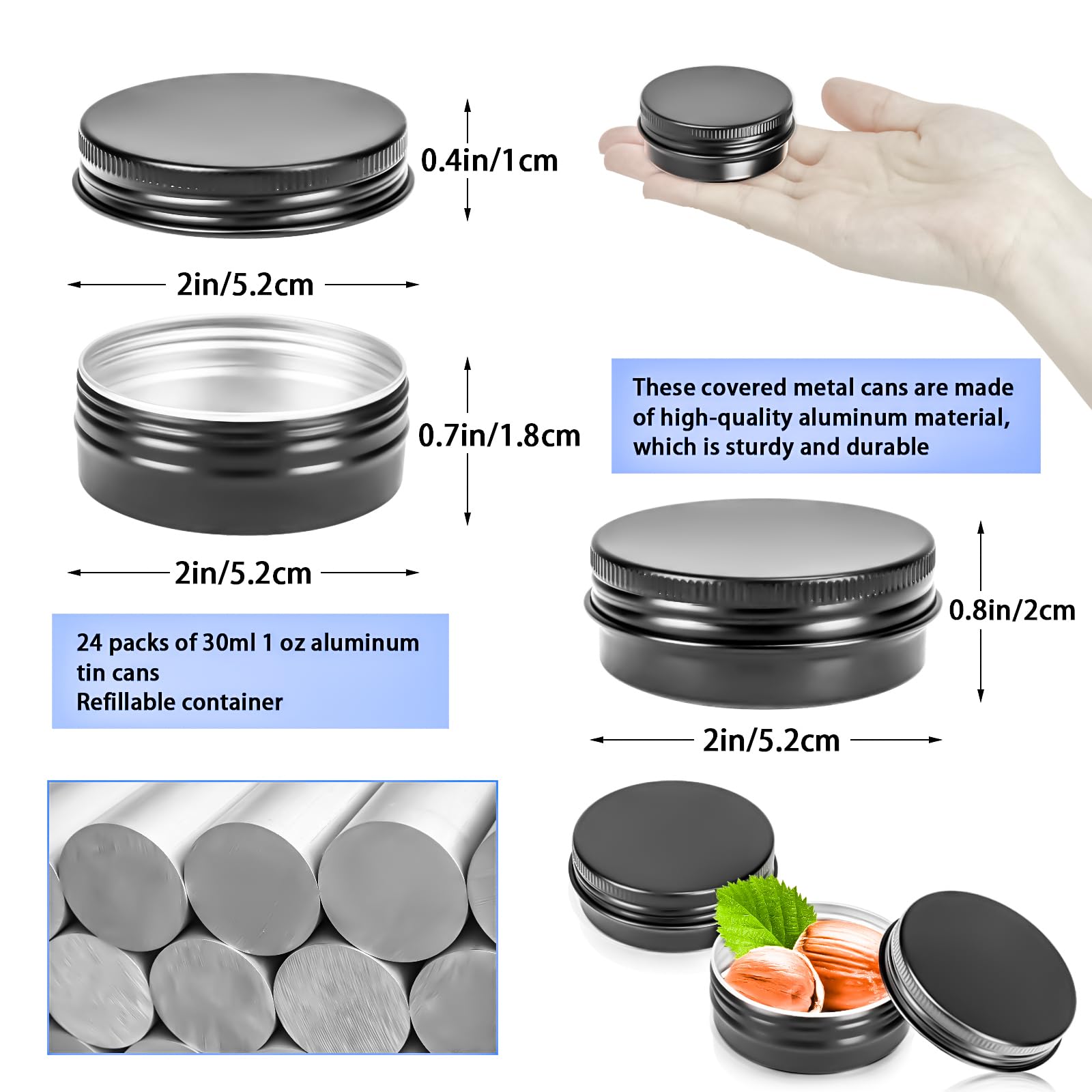 Motbach 24Pack 1Oz Tin Jars, 30Ml Metal Tin Cans, 1Ounce Aluminum Tin Can Jar Containers With Screw Lid For Lotion Bars, Toiletr