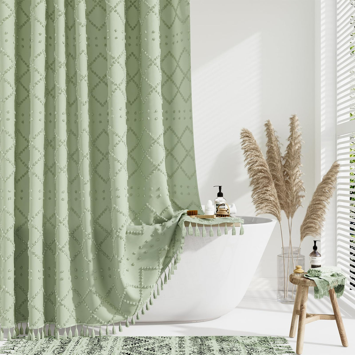 Dynamene Extra Long Shower Curtain, 96 Inch Long Boho Tufted Geometric Striped Fabric Shower Curtains For Bathroom, Tall Farmhou
