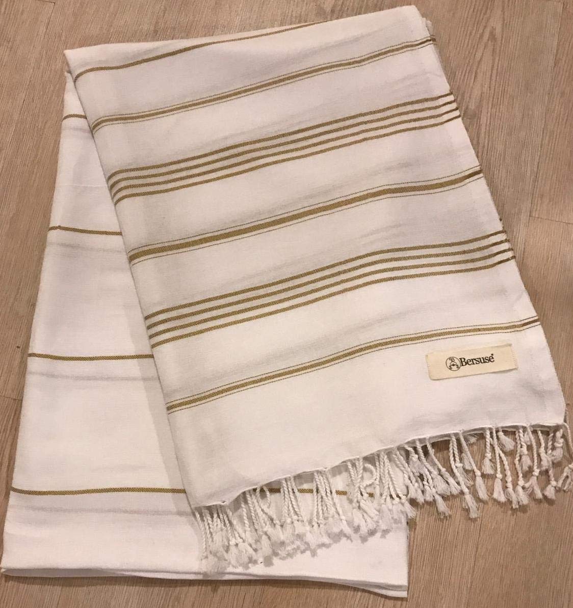 Bersuse 100% Cotton - Anatolia Xl Throw Blanket Turkish Towel - 61 X 82 Inches, White Gold