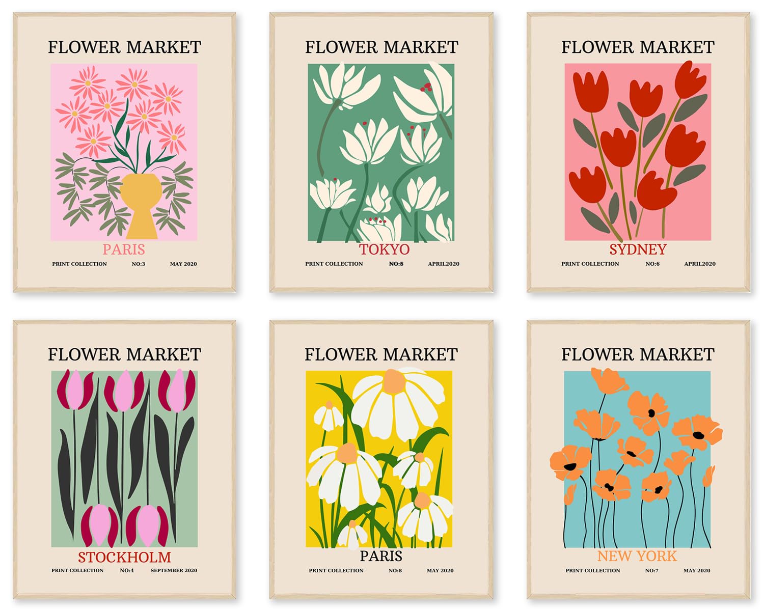 Flower Market Poster Set Of 6, Vintage Flower Market Wall Art Prints, Abstract Colorful Floral Wall Art Decor, Minimalist City &