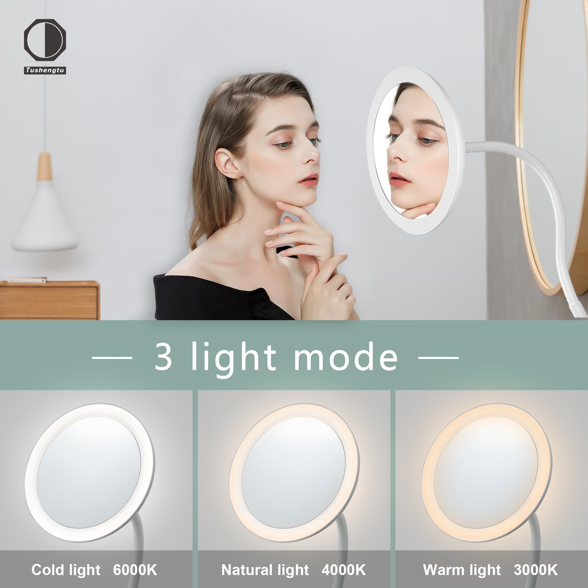 6.5'' Clip On Magnifying Vanity Mirror With Light, 5X Magnifying Clip-On Gooseneck Vanity Mirror, 2000Mah Usb Magnifying Mirror