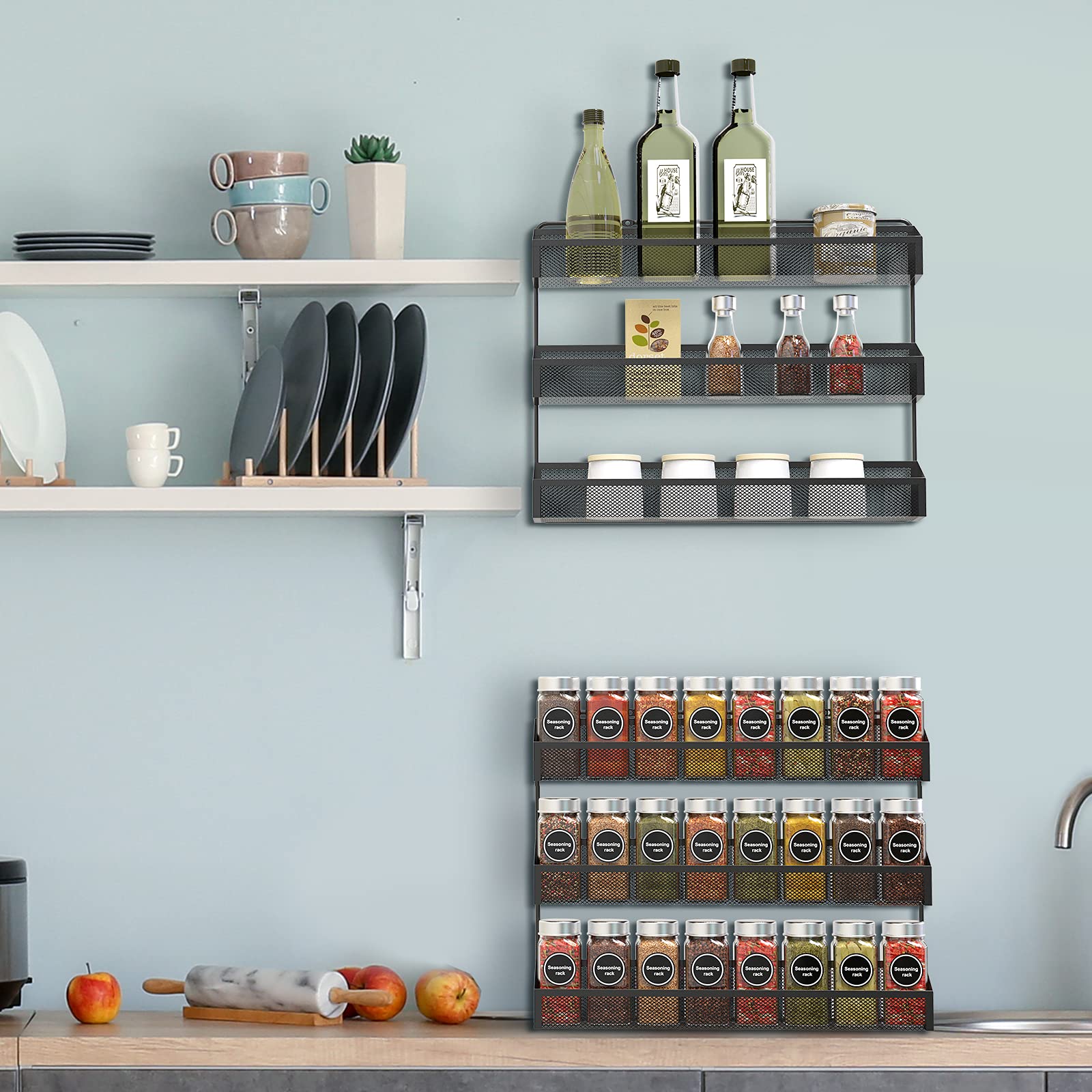 AULEDIO 2 Pack Spice Rack Organizer, 3 Tier Counter-top Stand or Wall Mounted Storage Rack Hanging Shelf for Kitchen Cabinet, Cu