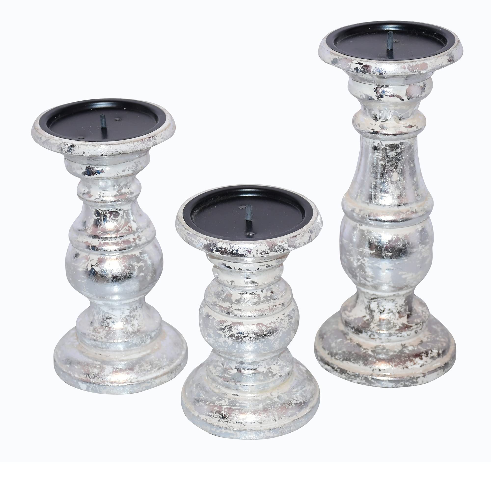 The Urban Port Wooden Candleholder with Turned Pedestal Base, Set of 3, Distressed Silver