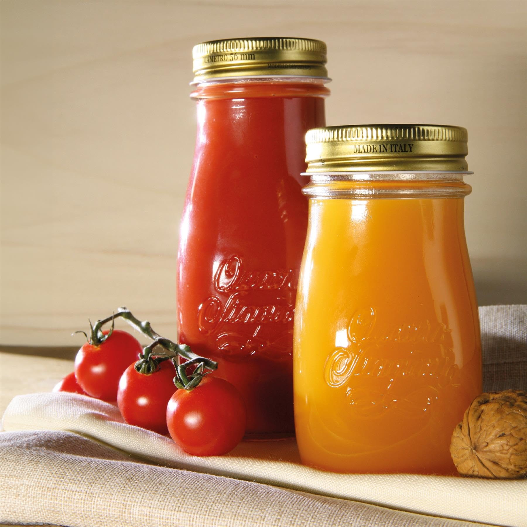 Bormioli Rocco Quattro Stagioni, Glass Canning Jar And Drinking Bottle, 13.5 Oz. With Gold Metal Airtight Lid, Made In Italy.
