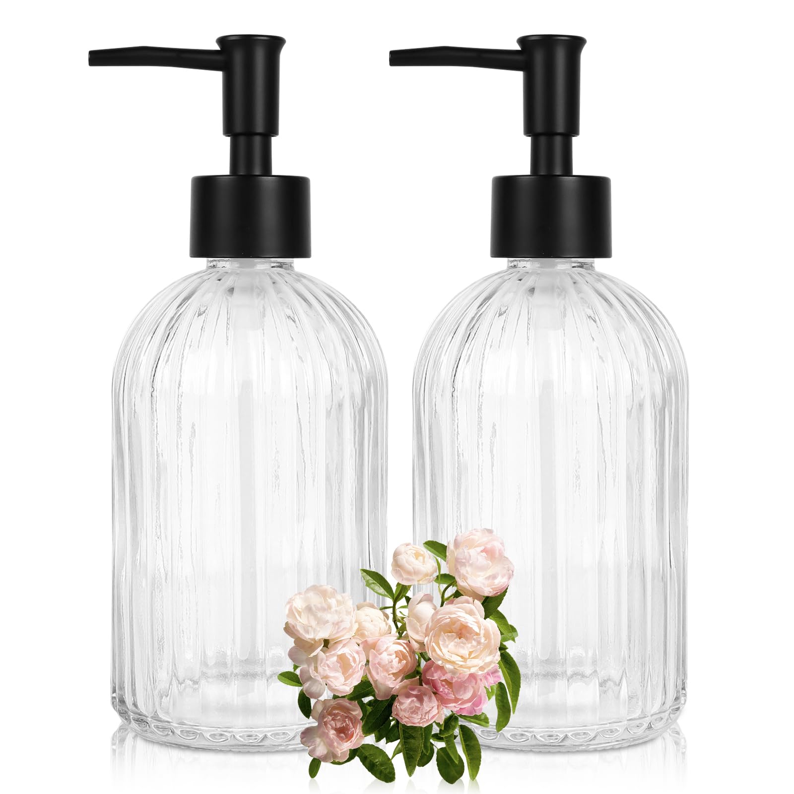 Ulable 2 Pack Glass Soap Dispenser With Pump, 13.5Oz Refillable Soap Dispensers With Vertical Stripe For Hand Wash & Dish Wash,