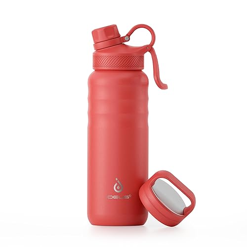 Ideus Insulated Stainless Steel Water Bottle With 2 Leak-Proof Lids, Thermal Water Flask For Hiking Biking, 24Oz, Red