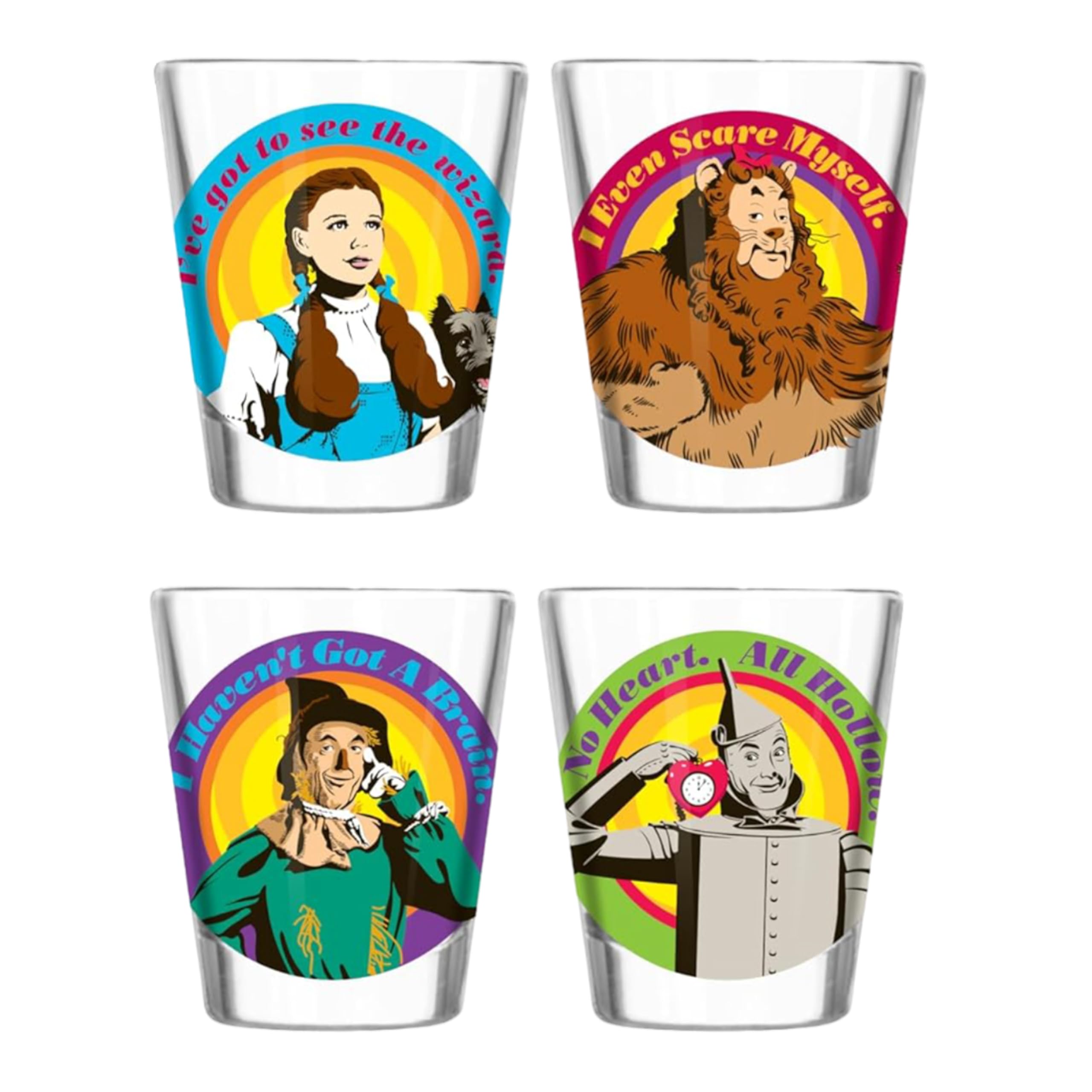 Silver Buffalo Wizard Of Oz Featuring Dorothy Gale, Cowardly Lion, Scarecrow, And The Tin Man 4 Pack Mini Glass Set, 1.5 Ounces