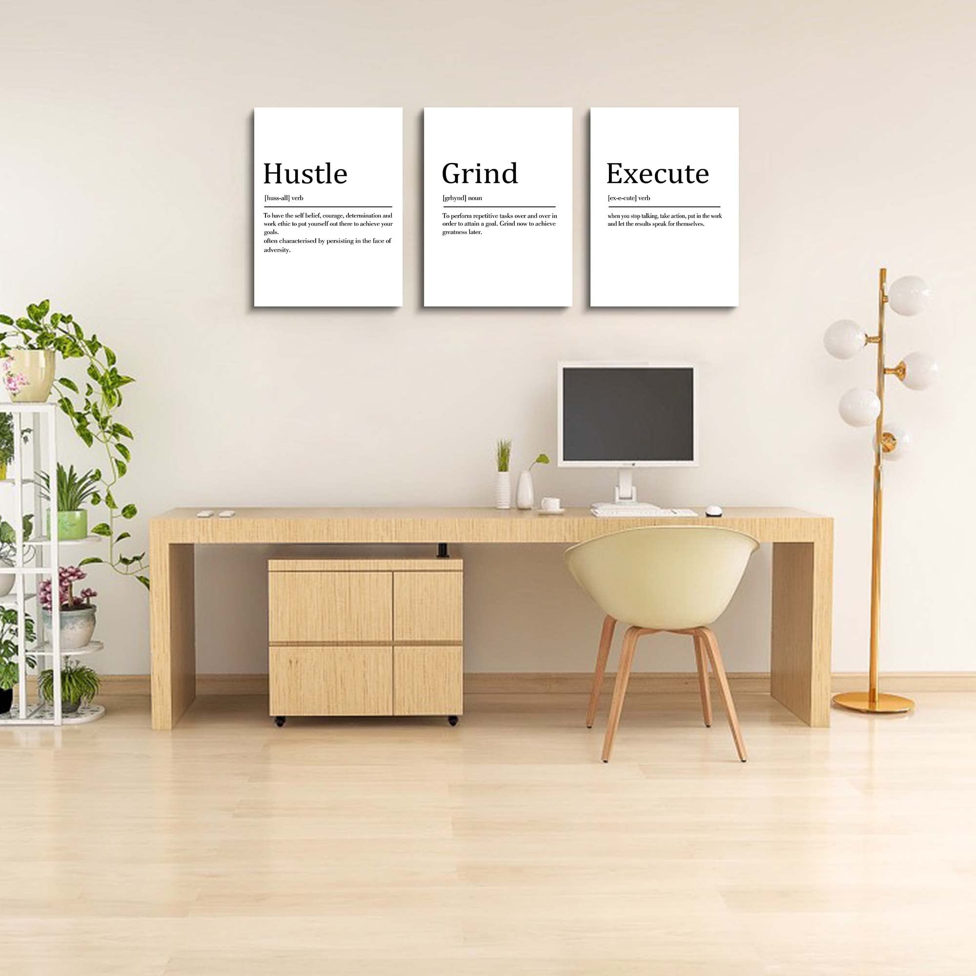 Hustle Grind Execute, Inspirational Wall Decor Art - Framed Canvas Office Decor, Quote Poster, Office Wall Art, White Large Post