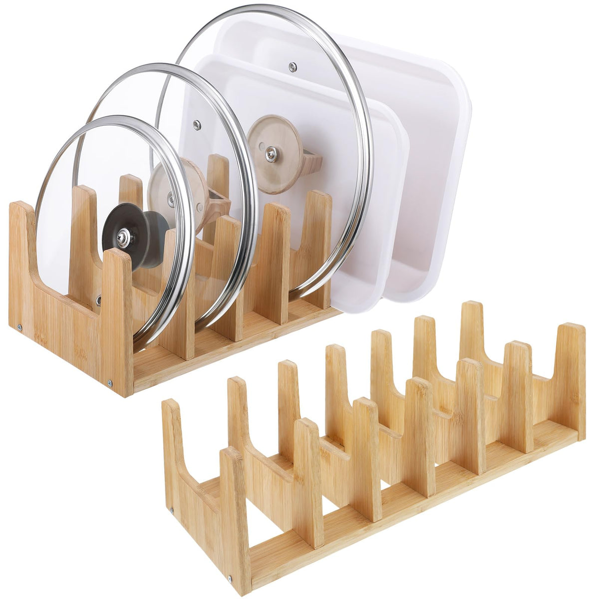Suclain 2 Pcs Bamboo Pot Lid Organizer Pot Lid Holders, Pot And Pan Organizer Cutting Boards Dish Rack For Storage In Drawer Cab