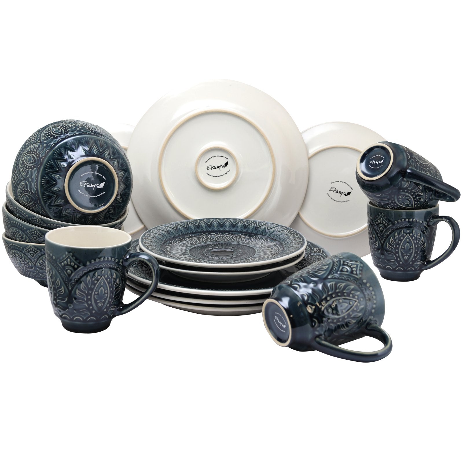 Elama Decorated Round Stoneware Deep Embossed Dinnerware Dish Set, 16 Piece, Dark Navy Blue